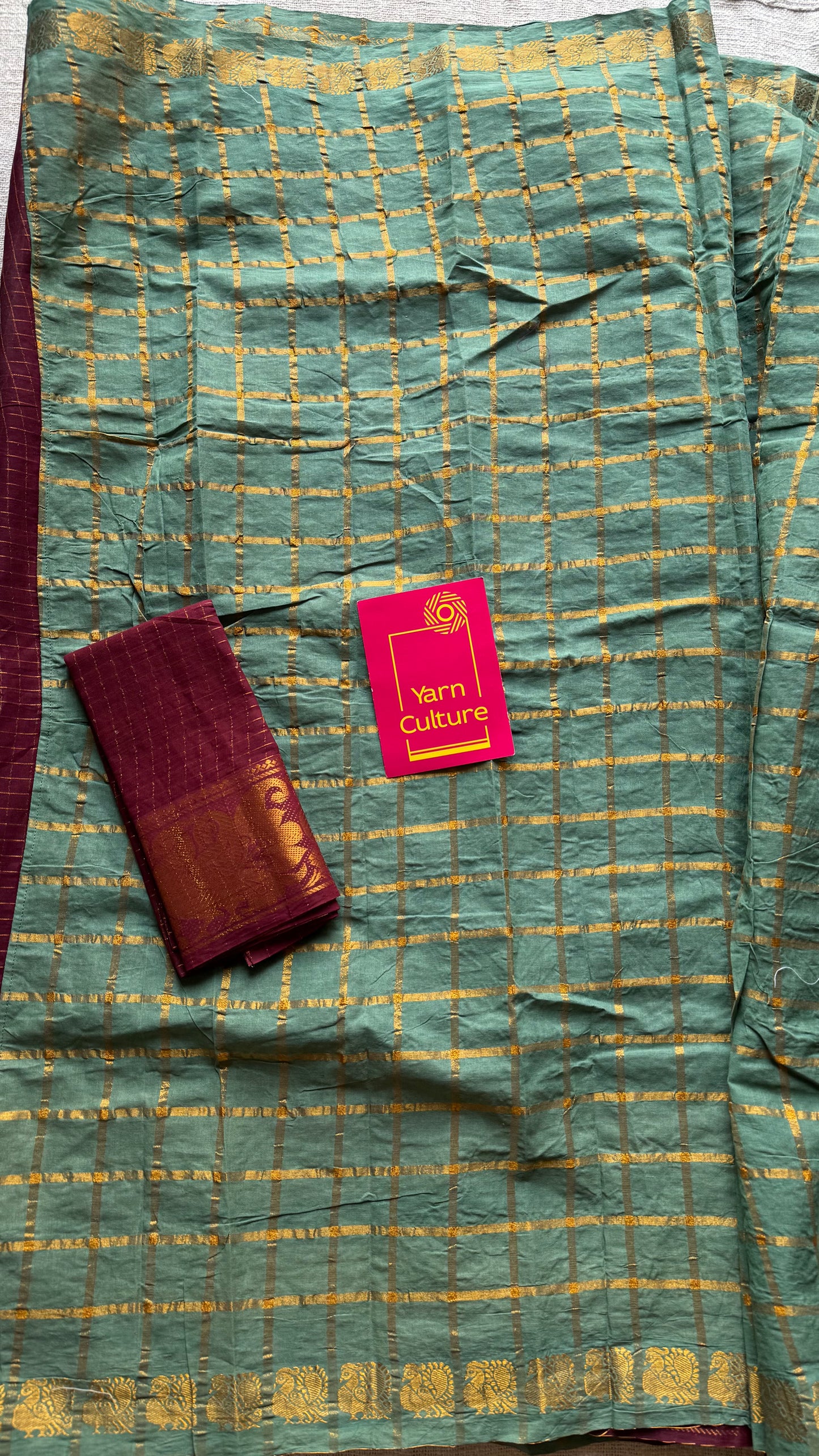 Maroon with mint green, sungudi cotton half-half saree - YCCOTNMSFE362