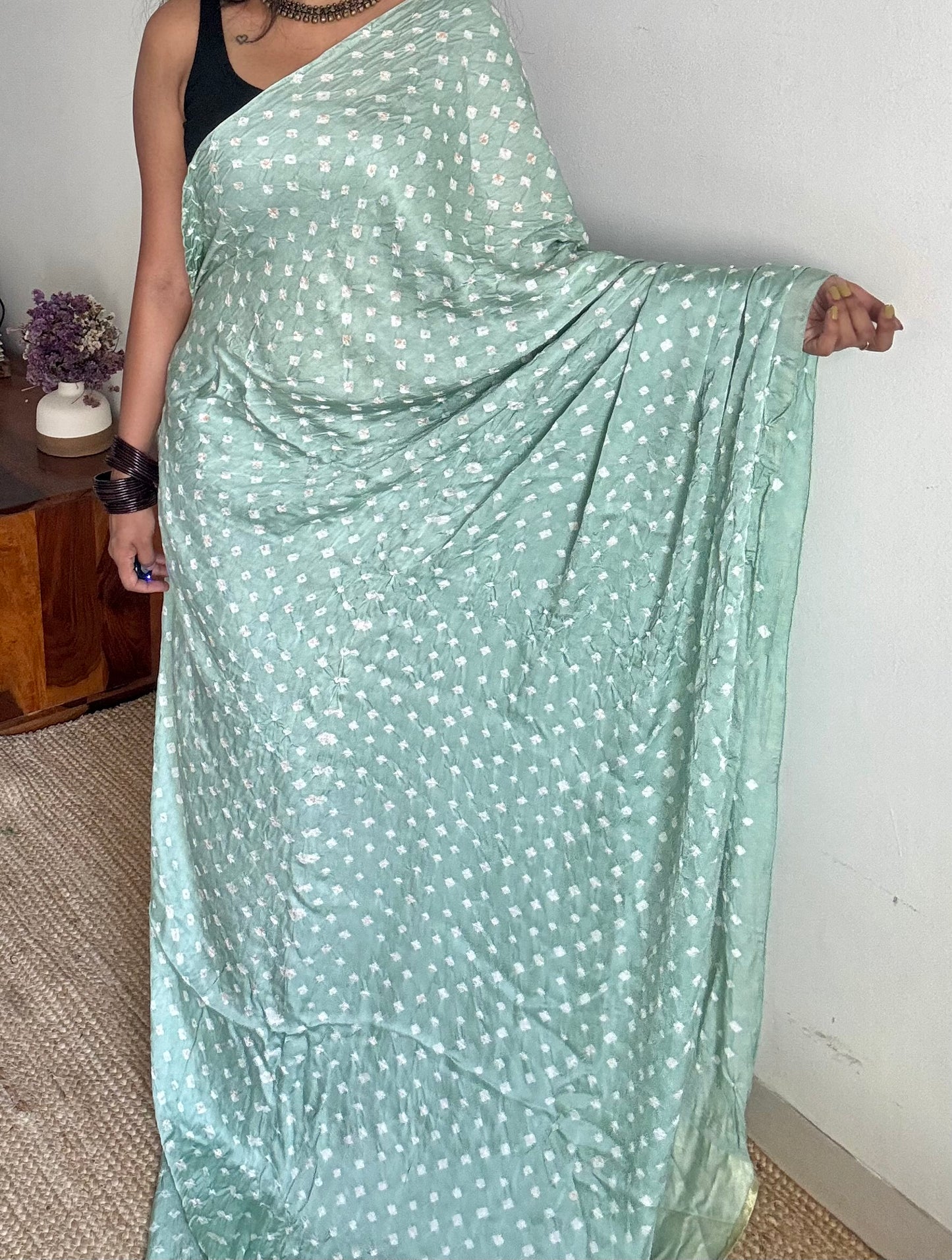 Pastel mint blue, crushed bandhej pure modal silk saree with lagdi patta zari pallu - YCTOKBM333