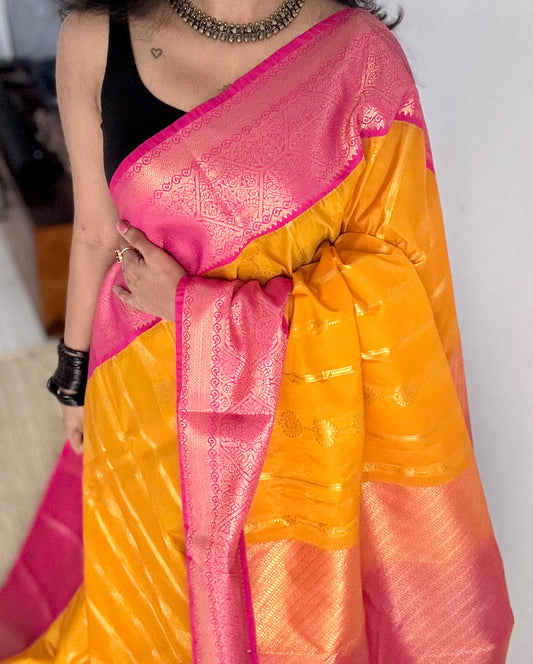 Suhani - yellow with hot pink, handloom korvai semi silk - YCCOTNFEJUKS03