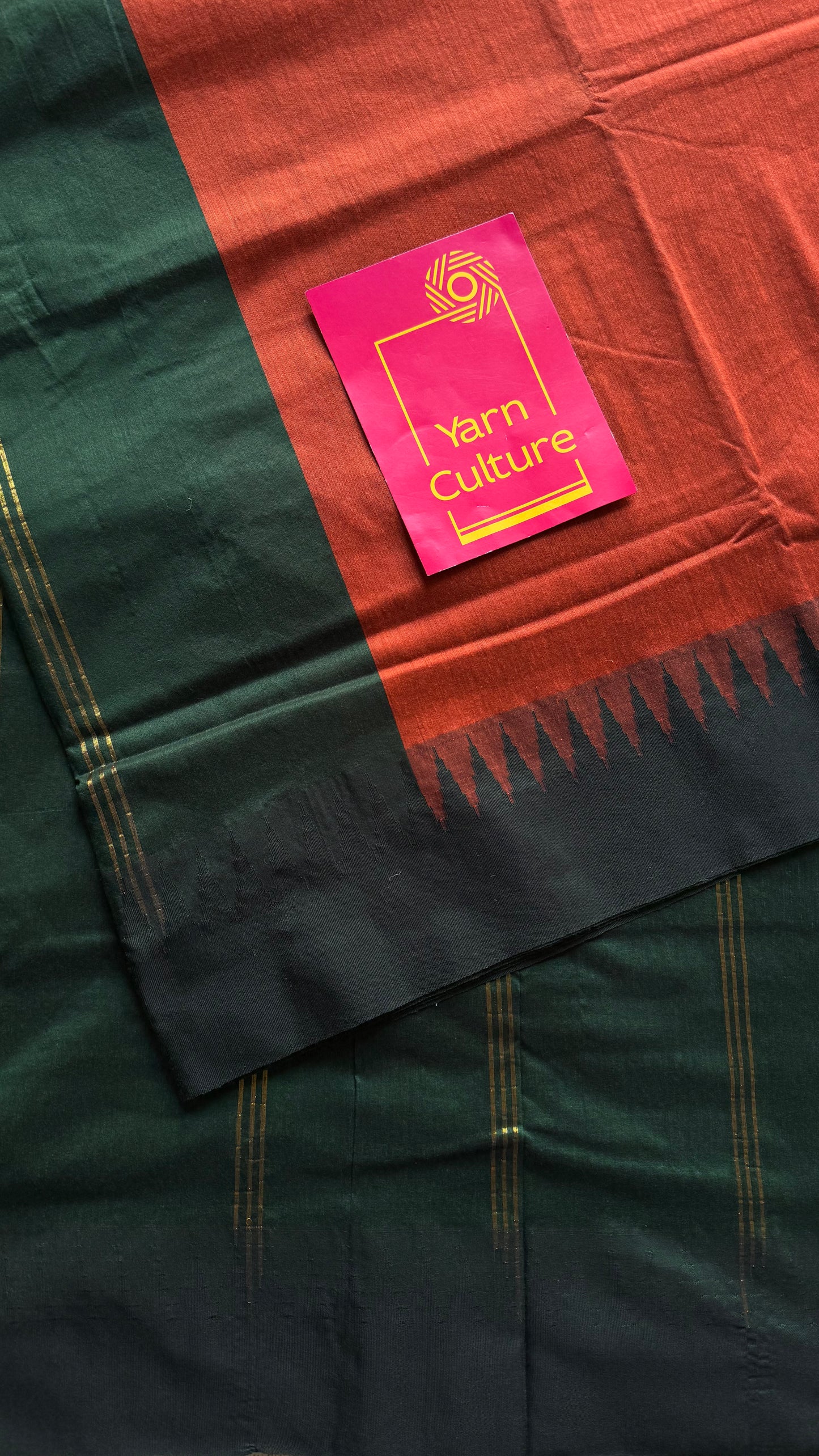 Orange with dark green temple border, cotton silk - YCCOTNCSDE93