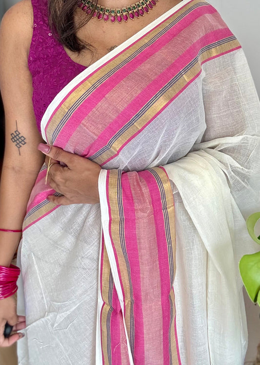 Ivory mul saree, hot pink and gold border  - YCIEON25
