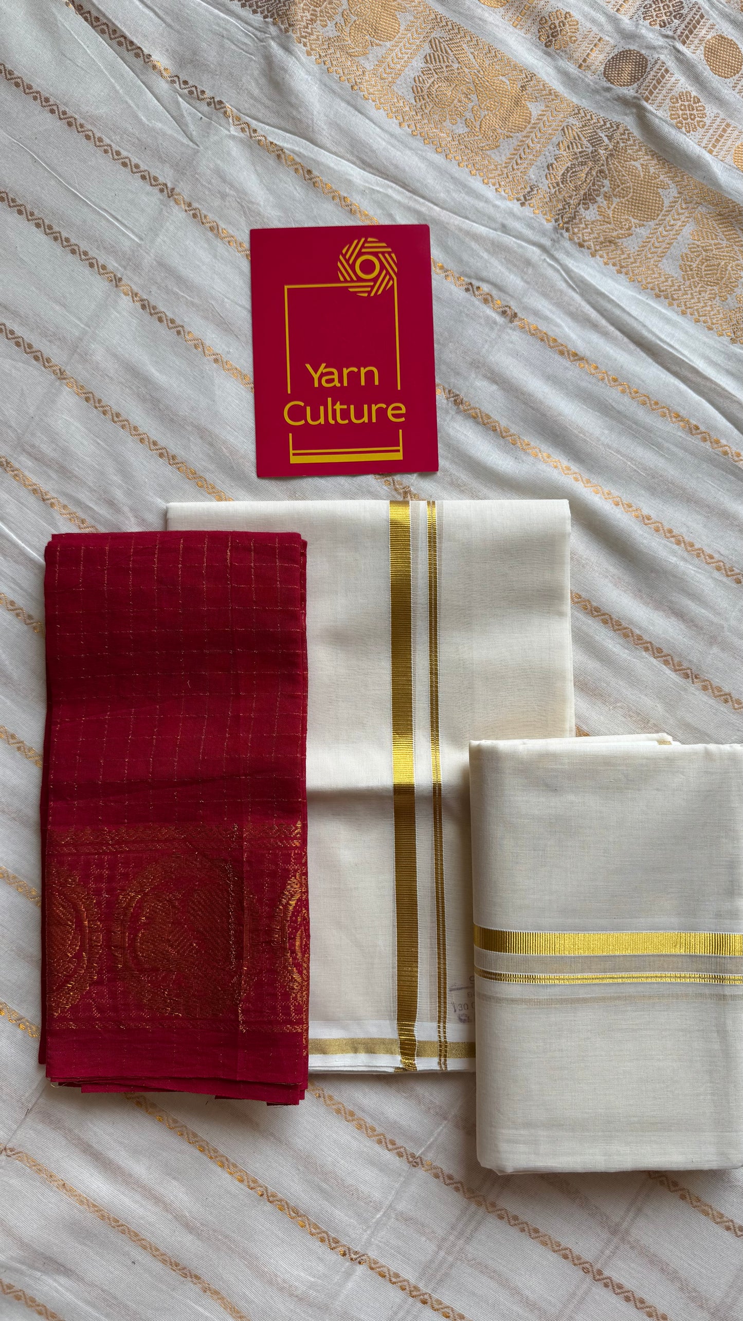 Set mund, handwoven from Chendamangalam looms, ivory and gold - YCIEON146