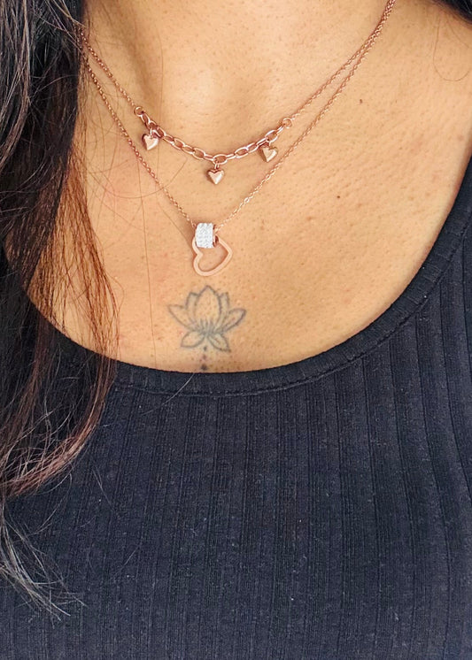 Rose gold plated double layered chain, hearts and white stones - YCGPC411