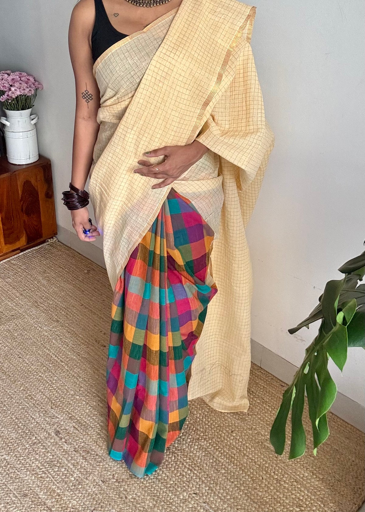 Ivory with multicoloured madras checks, cotton half and half saree - YCCOTNIDOC162