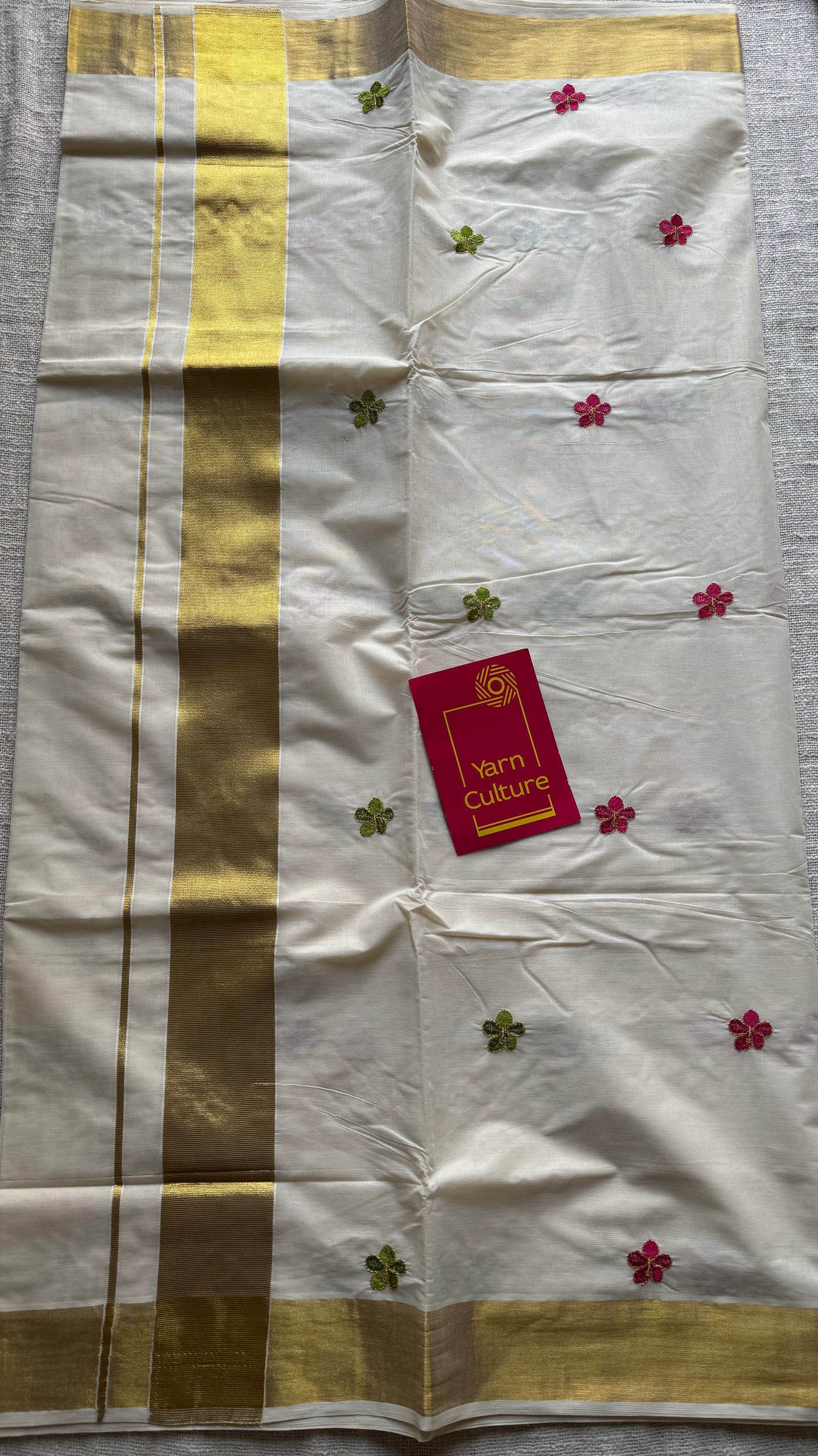 Ivory and gold saree with light green and hot pink floral embroidery - YCIEKCFE310