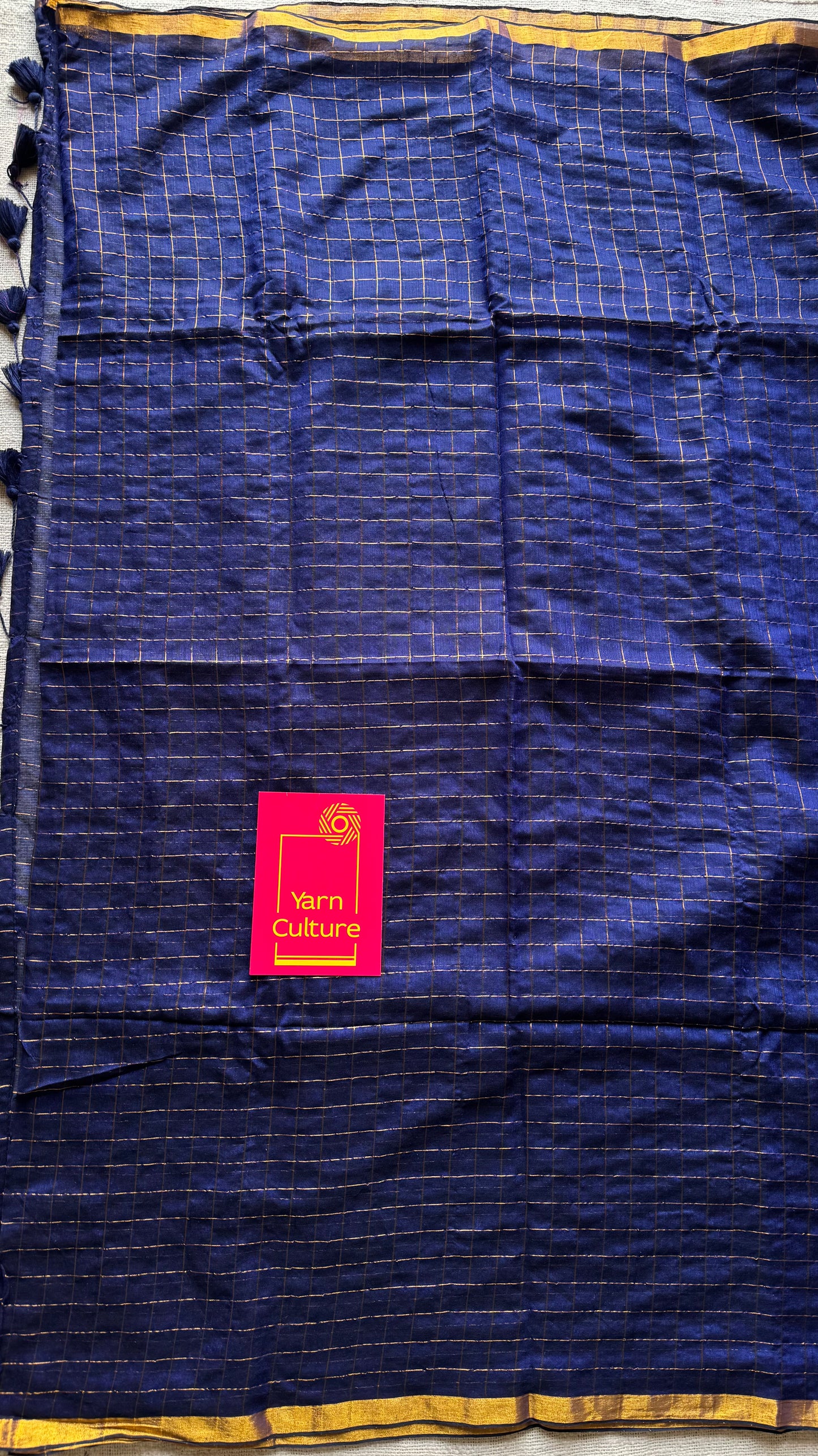 Dark blue mul with gold checks and zari border - YCBCMCJA04