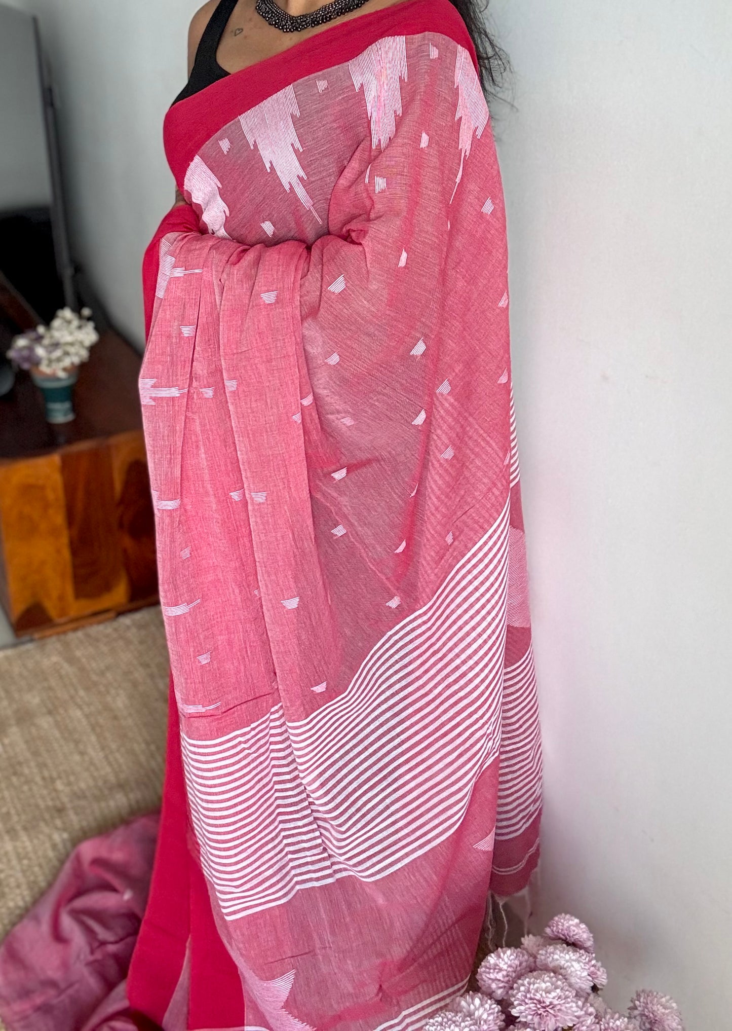 Muted red with dark red borders, temple motif woven threadwork, soft cotton - YCBCMKCDE29