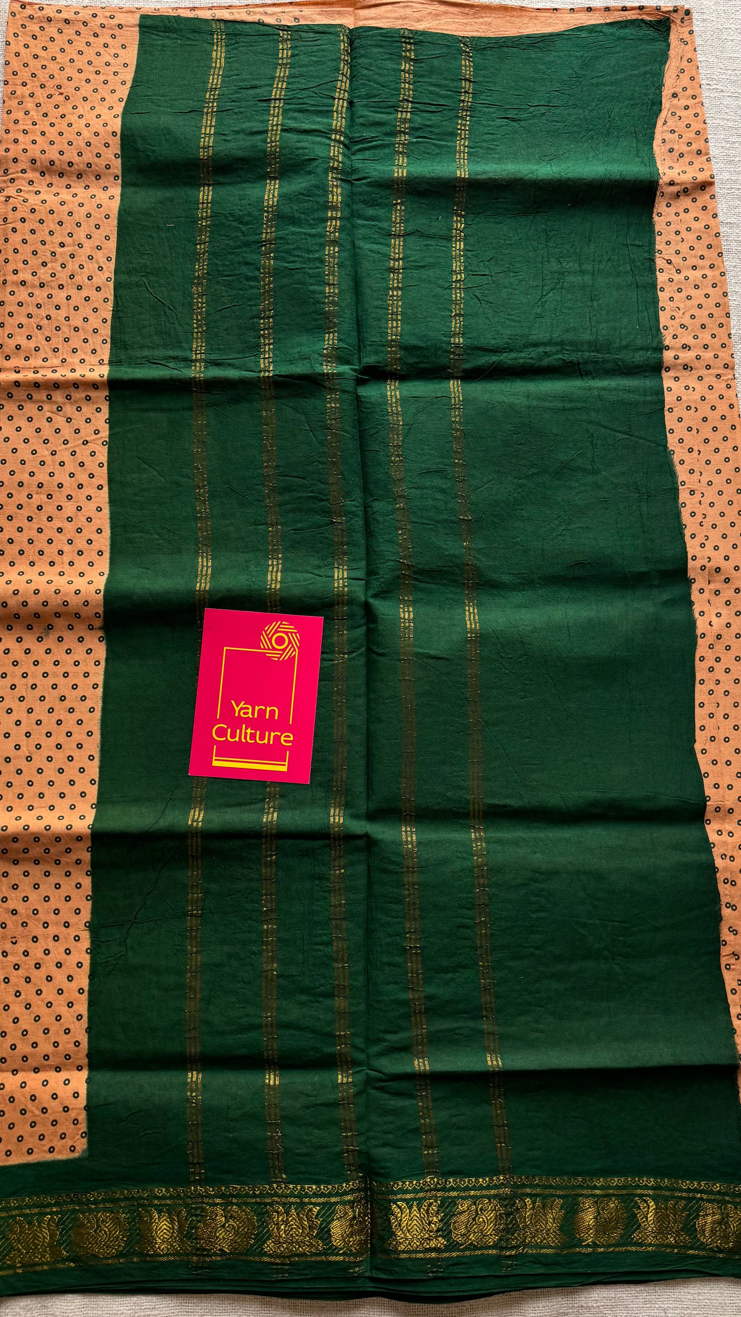 Peach with green, kattuchayam dyed madurai sungudi cotton saree - YCCOTNMSFE03