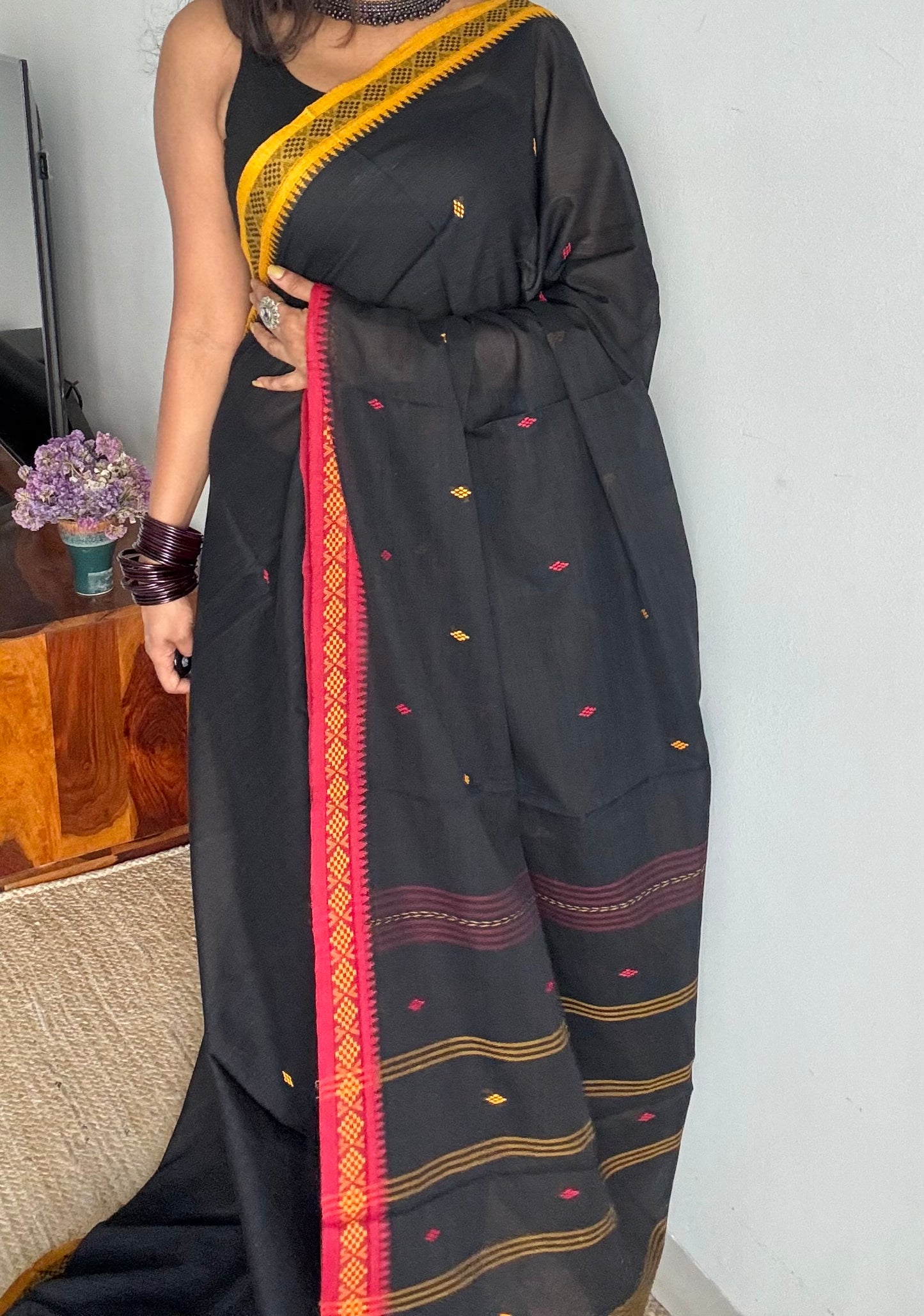 Dhonekhali handloom soft cotton saree, black with red and yellow woven buttas and border - YCBCDFE259