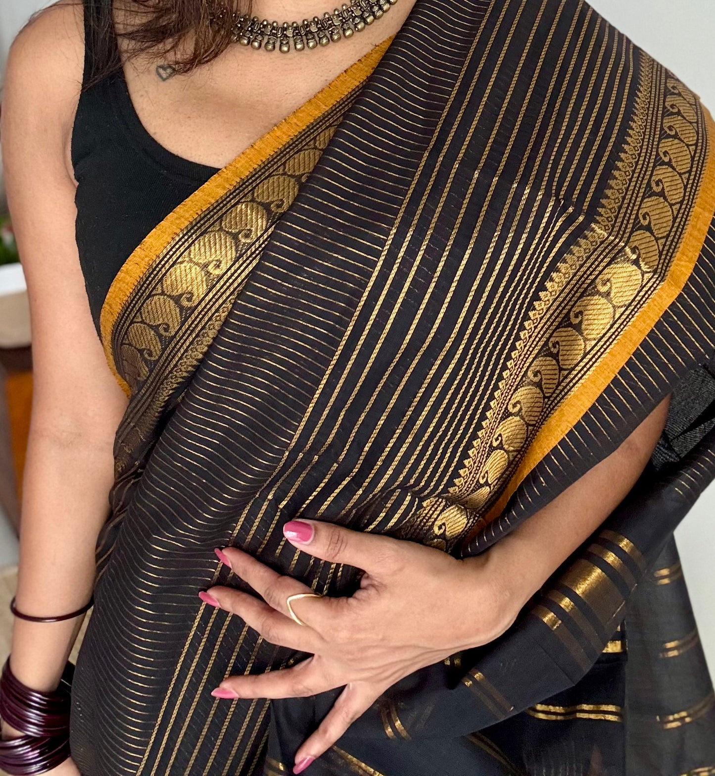 Kanchi cotton saree, black with gold stripes, paisley border - YCCOTNAP92