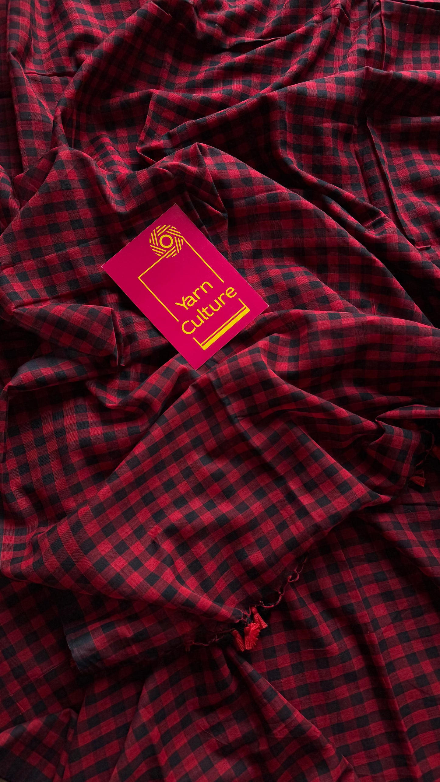 Red and black checkered mul cotton saree - YCBCMCFE220