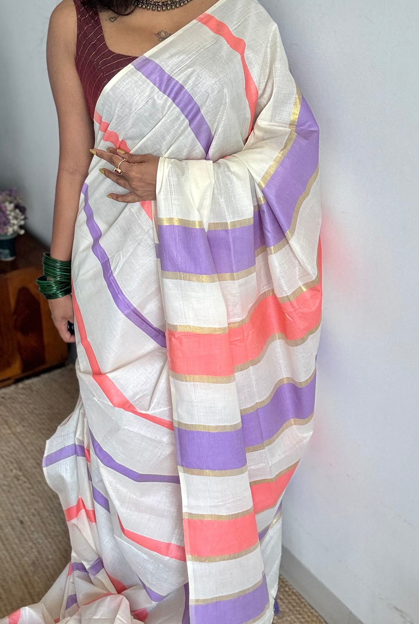 Ivory Kerala cotton saree with lilac and peach stripes - YCIEKCFE304