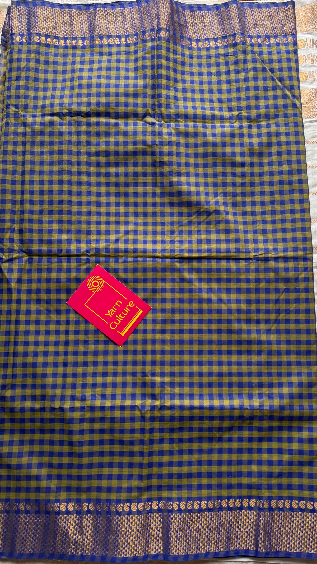 Chettinad cotton saree with green and blue checks, zari motif border - YCCOTNCKSE46