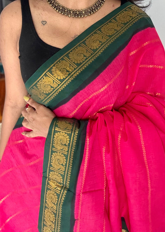 Hot pink with dark green veldhaari, kattuchayam dyed, madurai cotton - YCCOTNSEMS94