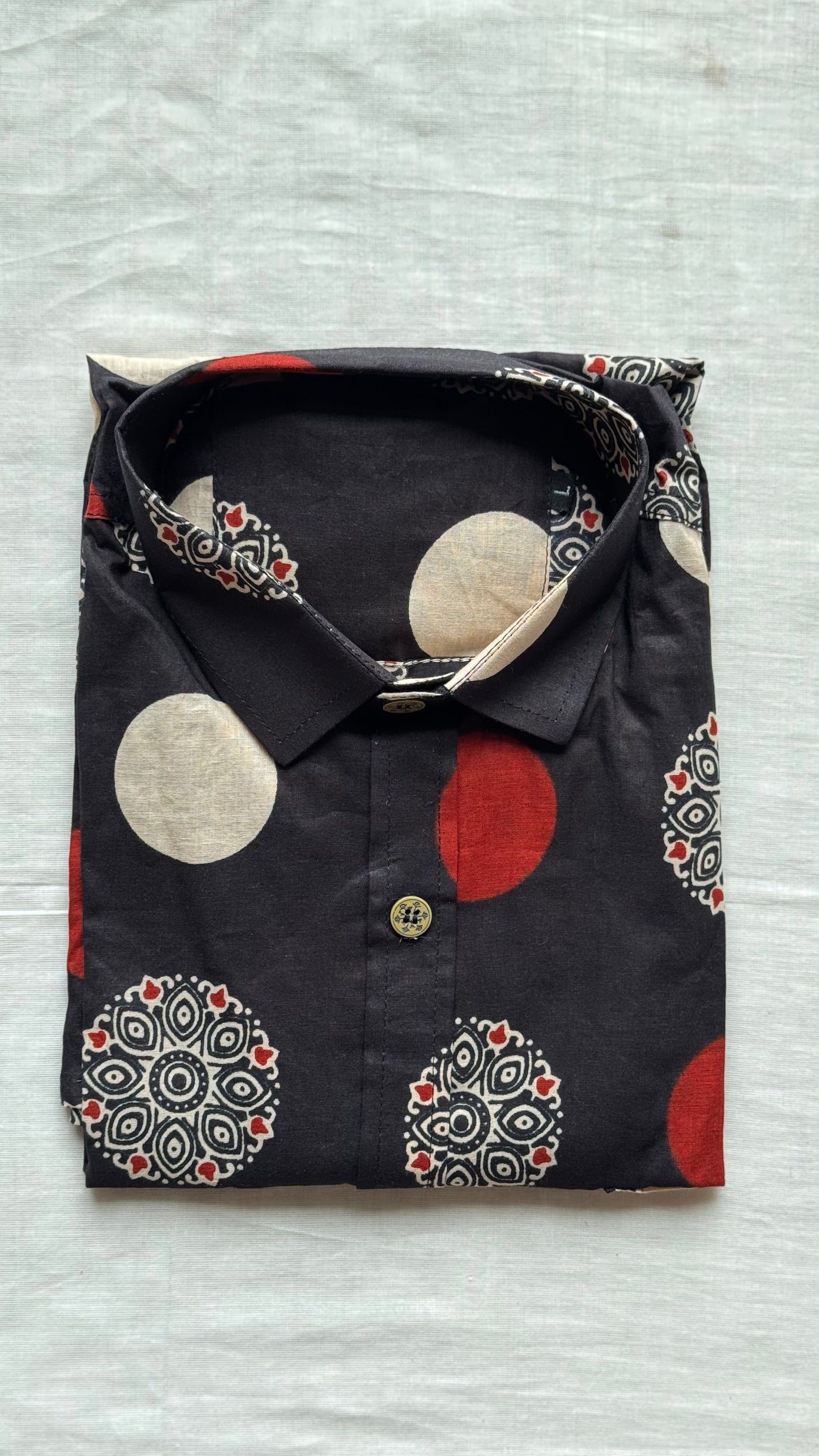 Black Red & White Ajrakh Block Printed Cotton Men's Full Sleeve Collared Shirt - YCMSEIE199