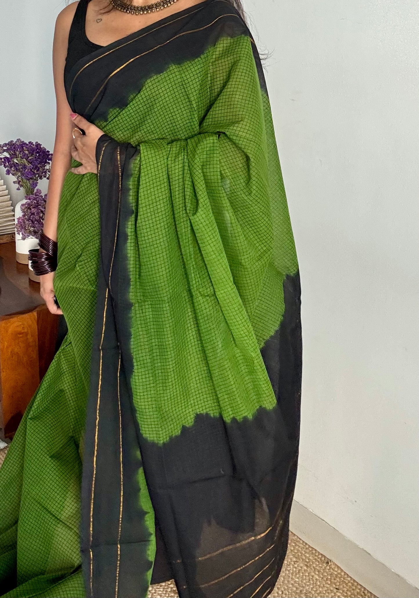 Green with black contrast, checkered kattuchayam dyed madurai cotton saree - YCCOTNMA233