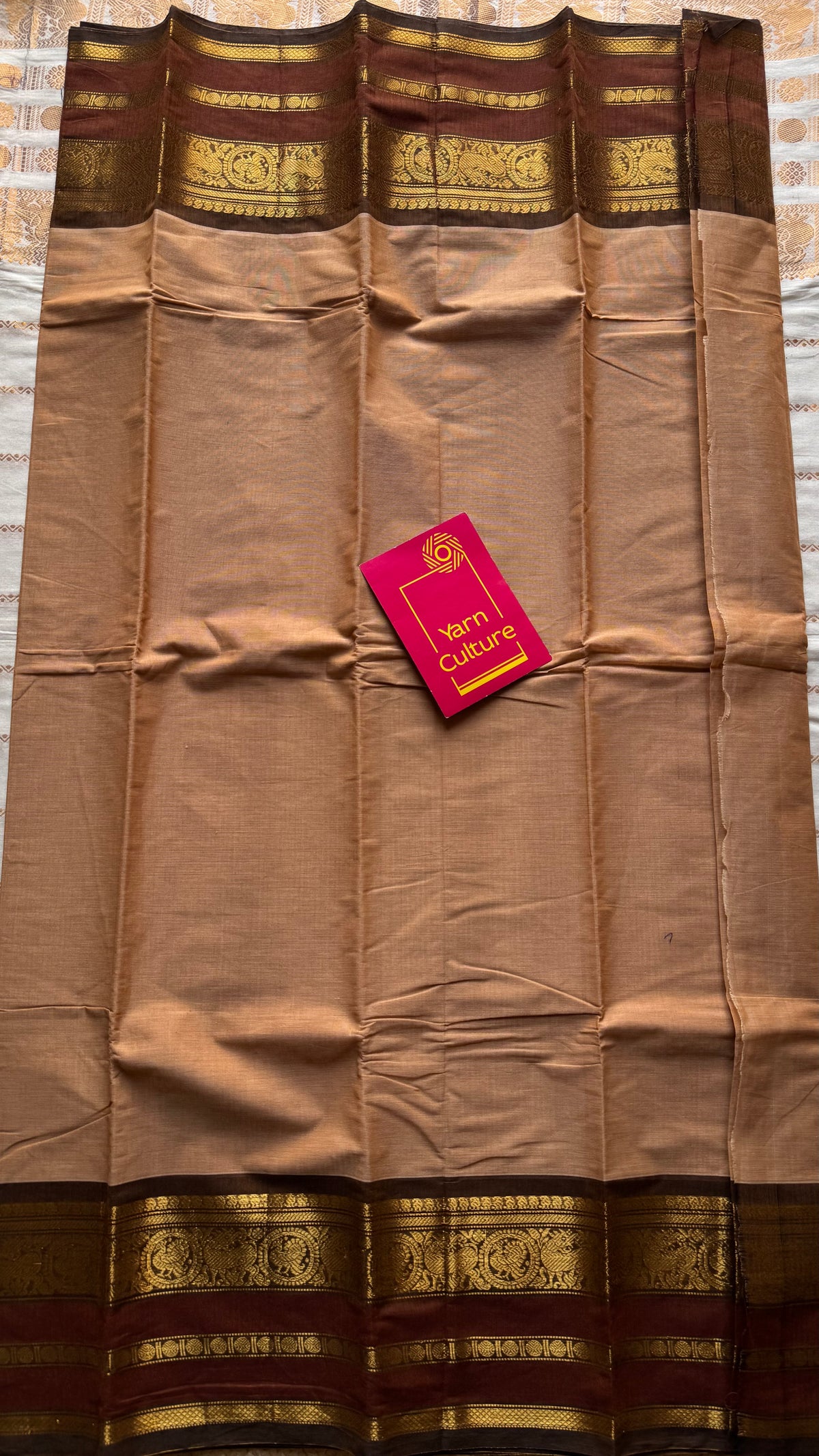 Sandal with brown gap zari border, chettinad cotton saree - YCCOTNCCOC120