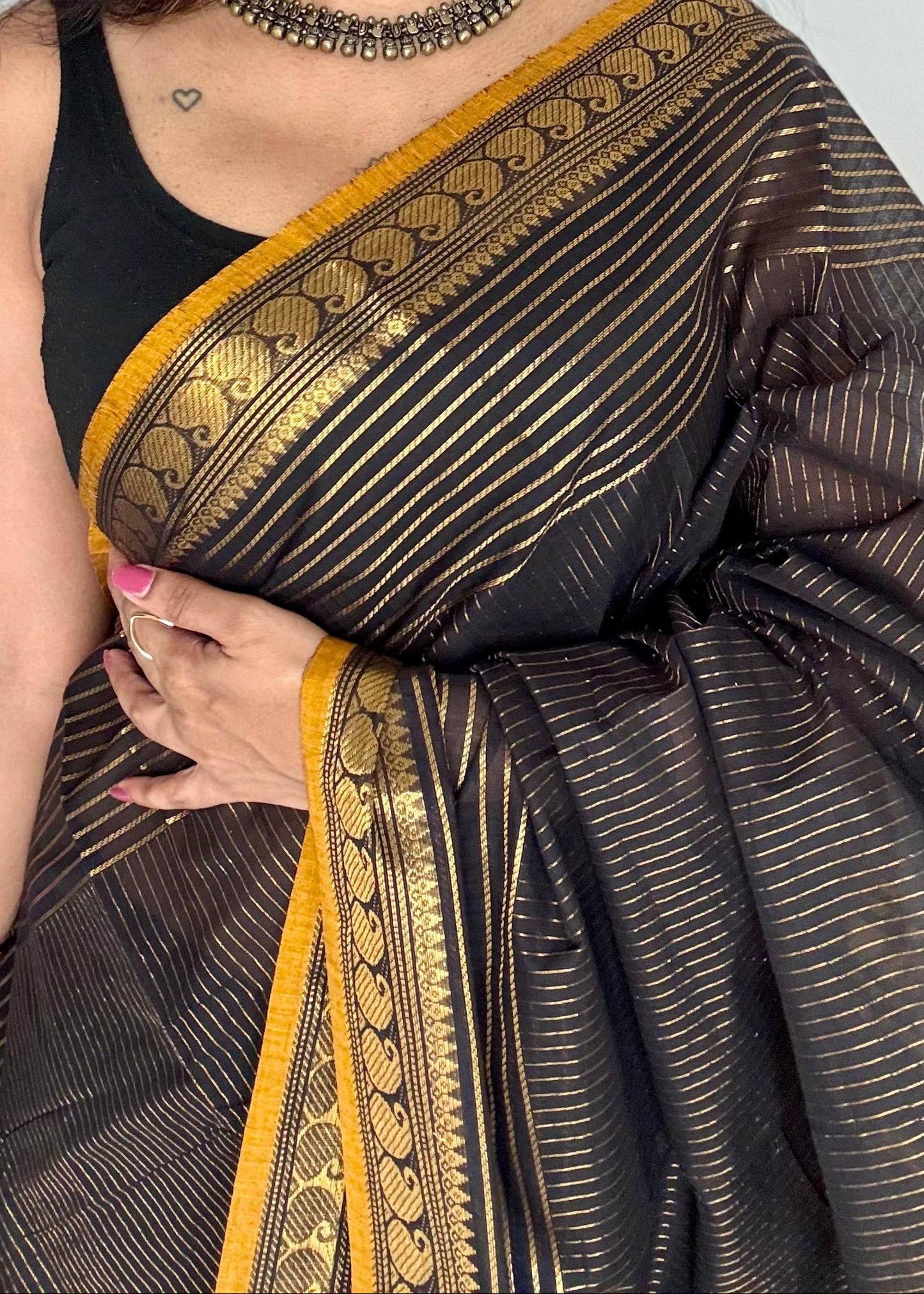 Kanchi cotton saree, black with gold stripes, paisley border - YCCOTNAP92
