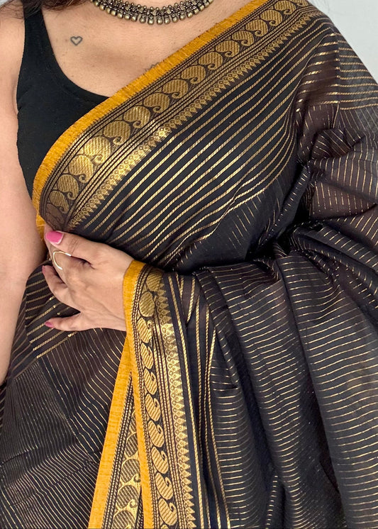 Kanchi cotton saree, black with gold stripes, paisley border - YCCOTNAP92