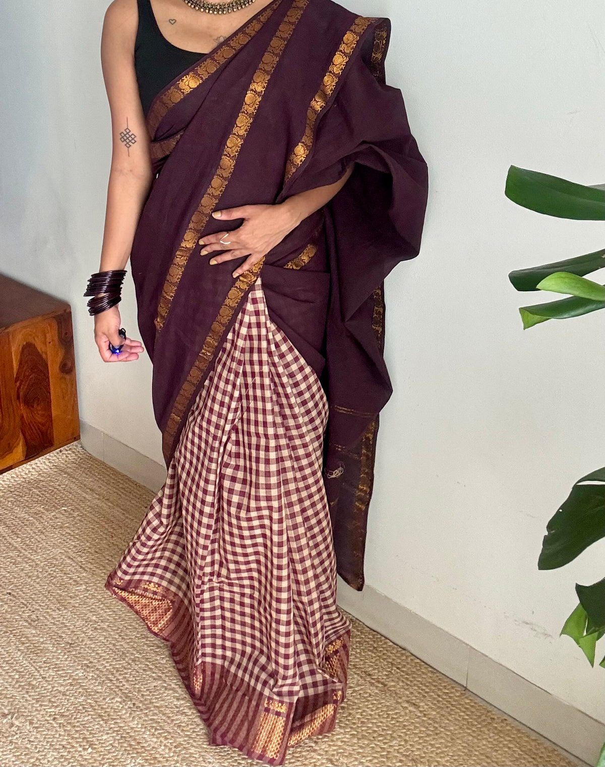 Brown and maroon with cream checks, sungudi and chettinad cotton half-half saree - YCCOTNIDOC31