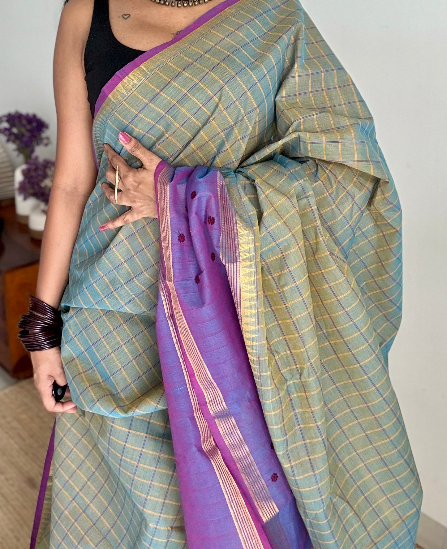 Grey and purple contrast, checkered Chettinad cotton saree - YCCOTNMA270