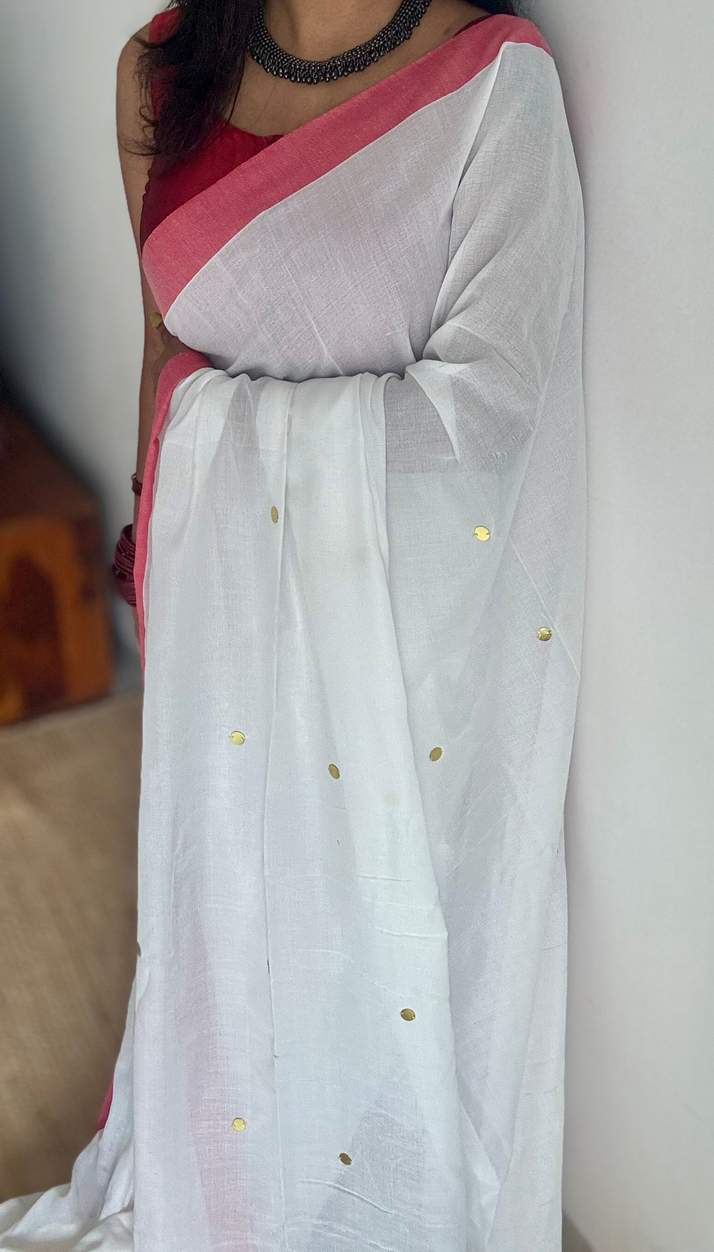 White with red border, gini sequins, soft cotton - YCBCDP06