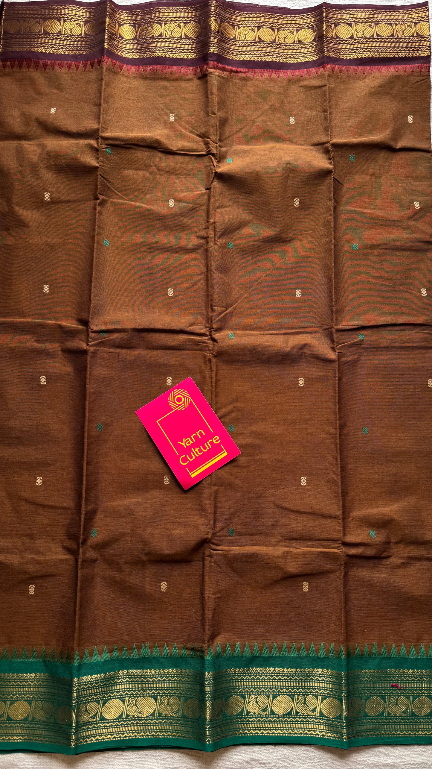 Kanchi cotton saree, brown with dark brown and green dual border - YCCOTNAP94