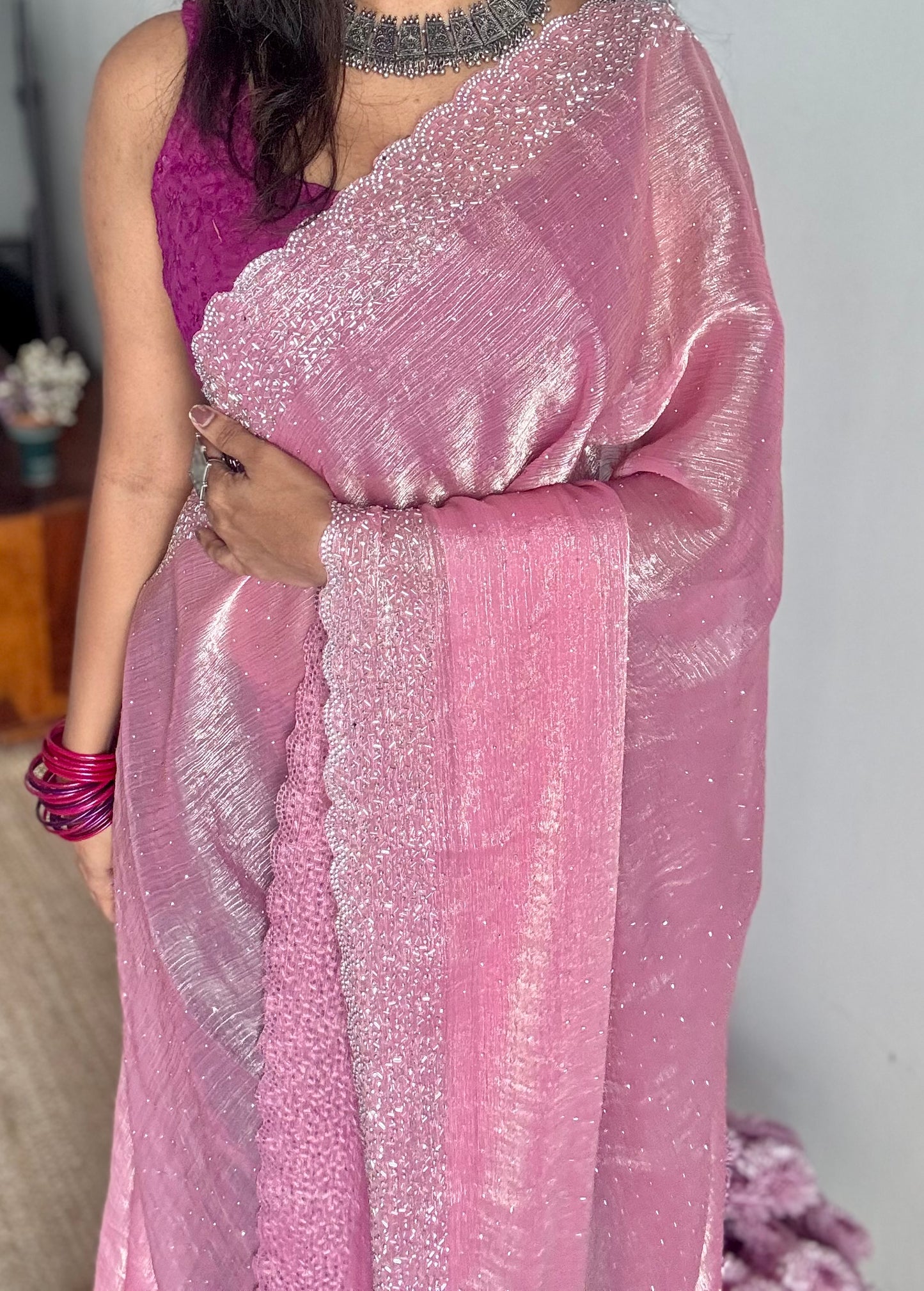 Candy Pop - pink dual tone space silk, jarkhan stone work - YCDOSNO37