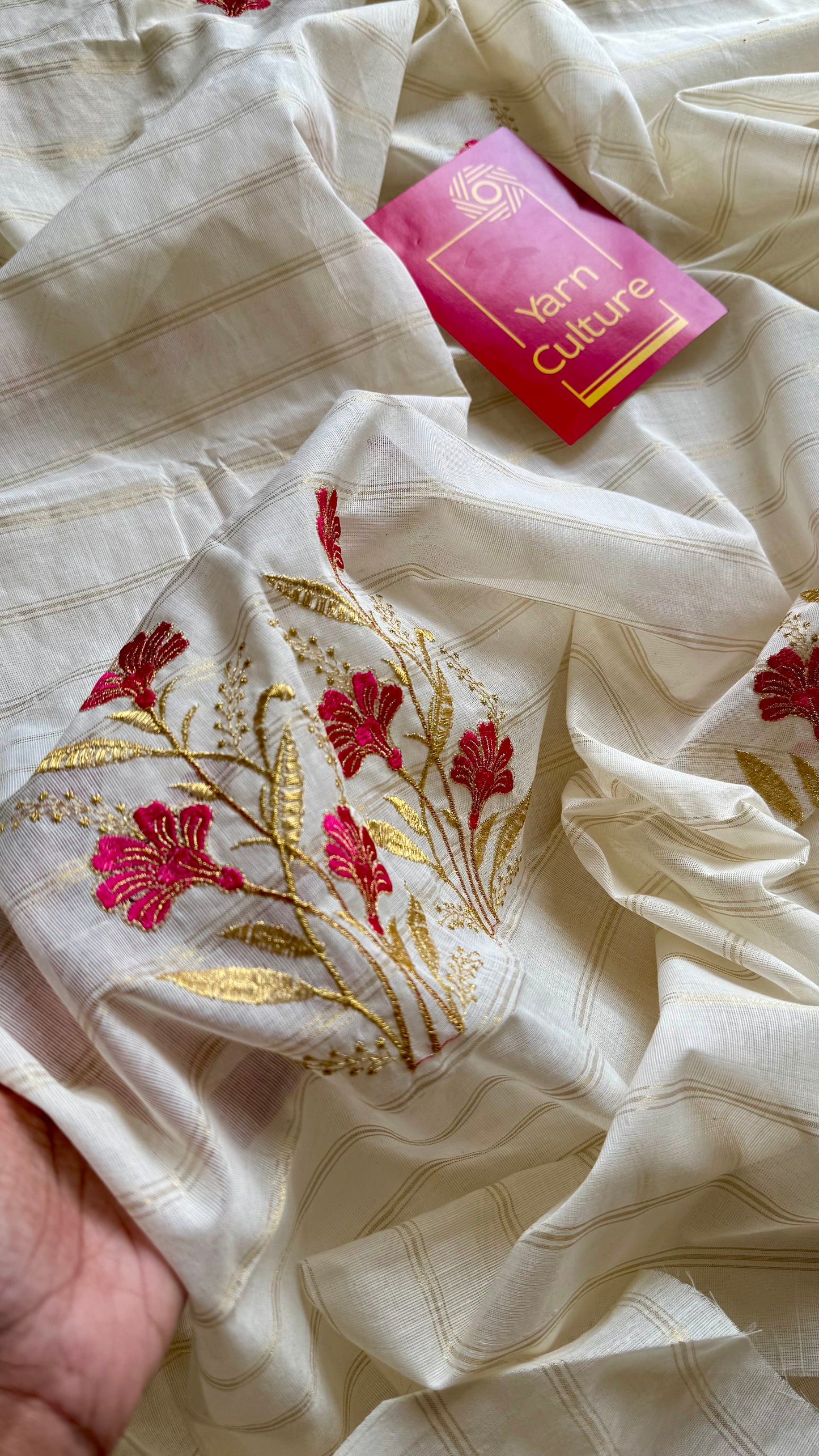 Ivory and gold soft cotton saree, hot pink floral embroidery  - YCIEON54