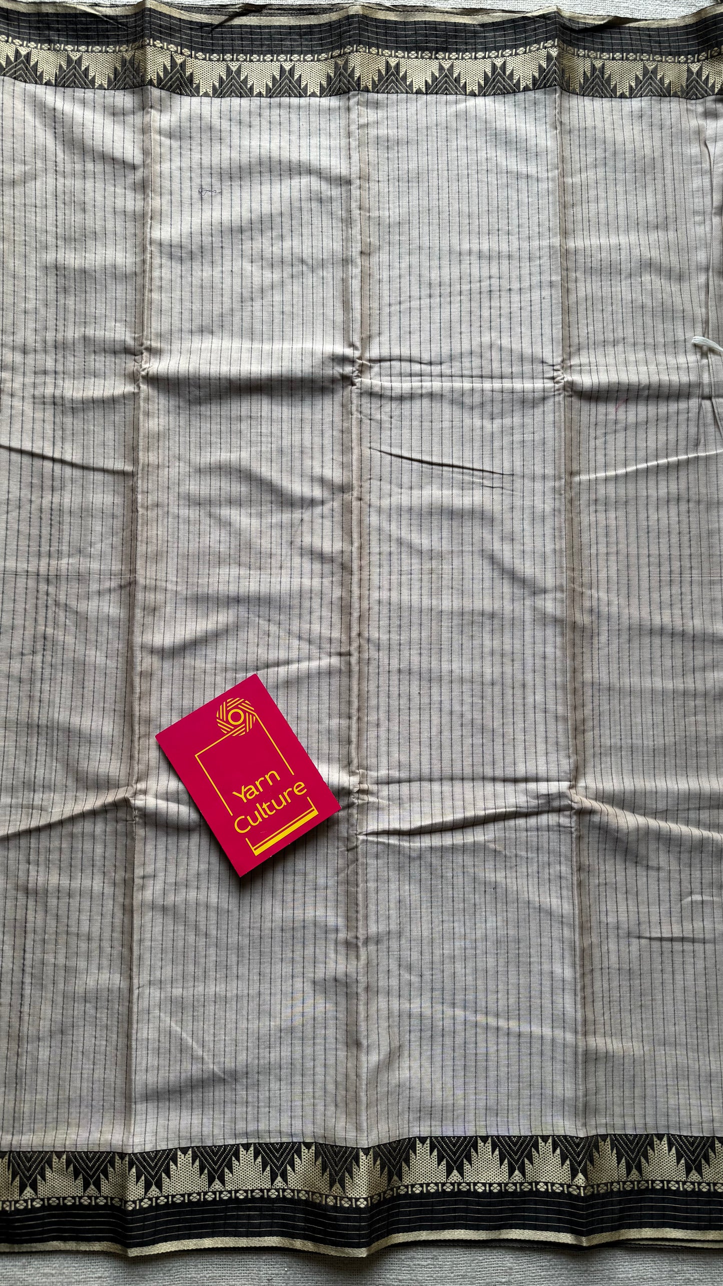 Cream striped premium narayanpet soft cotton, with temple motif and checkered border - YCWOTDNPNO83