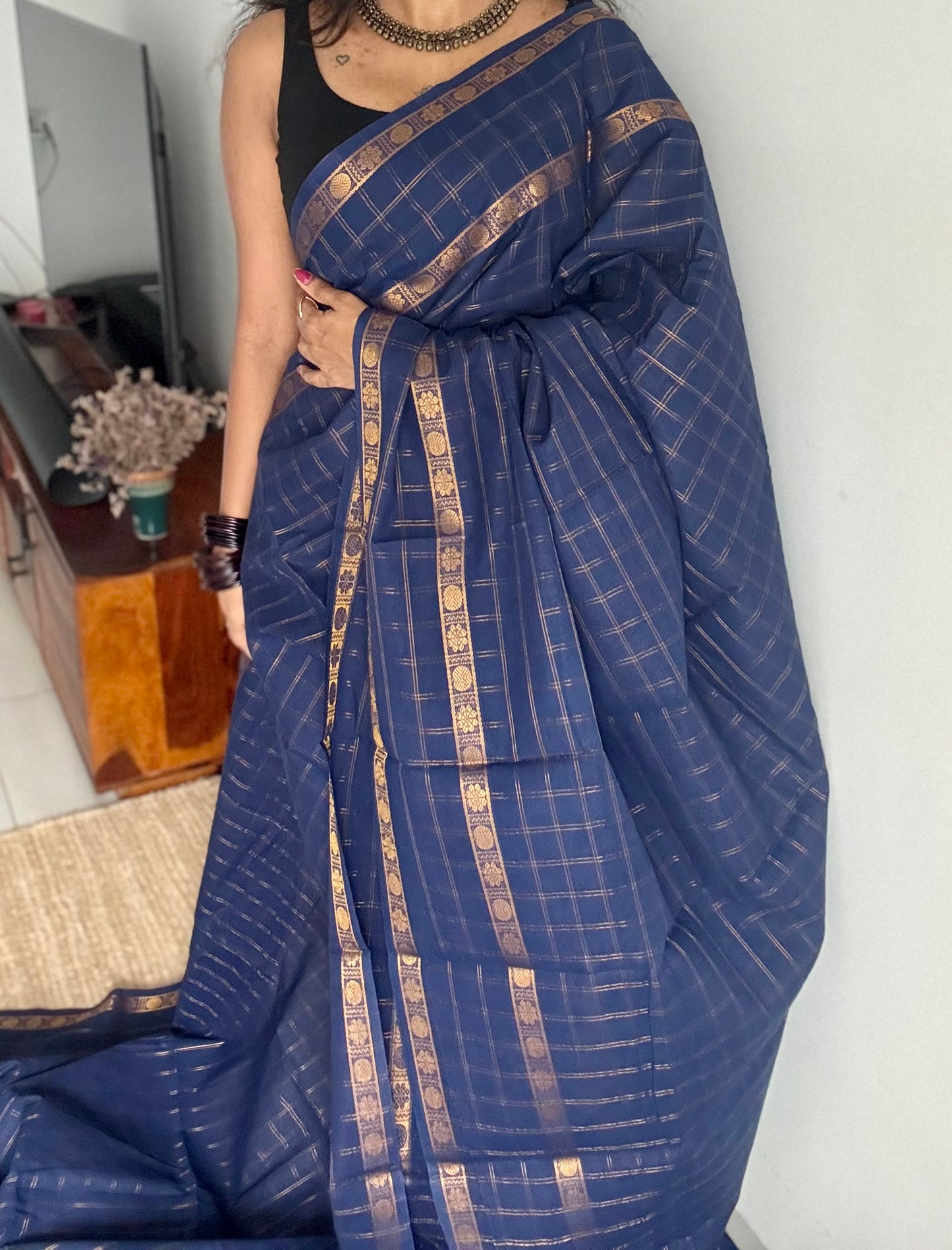 Navy blue adayar gold zari kattam, sungudi cotton - YCCOTNOCSC47