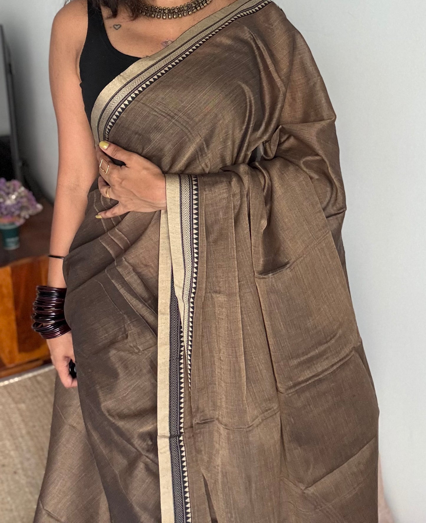 Warm grey with cream border narayanpet saree, soft cotton - YCWOTDNPFE33