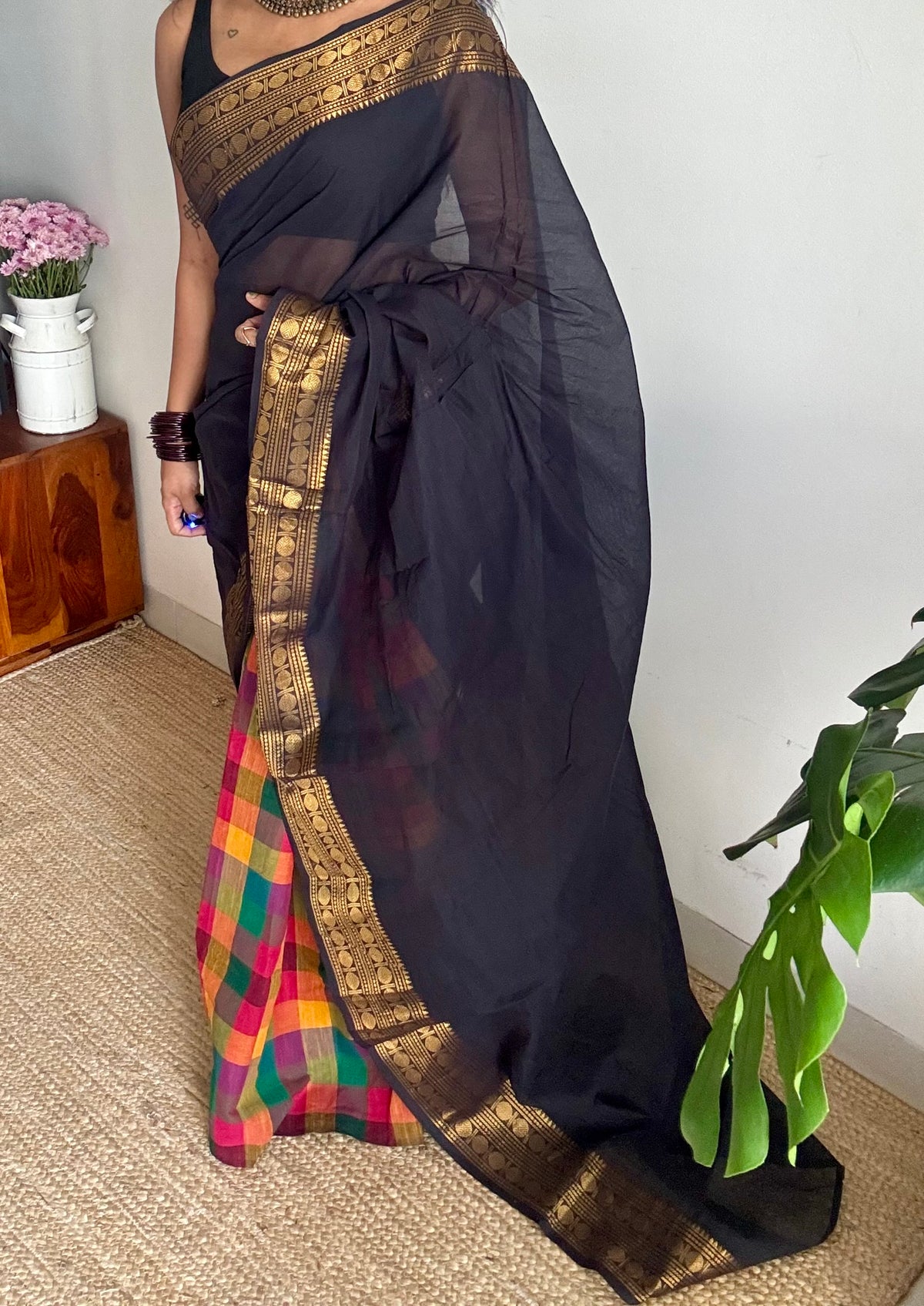 Black chettinad with multicoloured madras checks, cotton half and half saree - YCCOTNIDOC166
