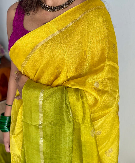 Yellow green dual tone in viscose soft silk with satin border, jacquard zari motifs - YCDOSFE194