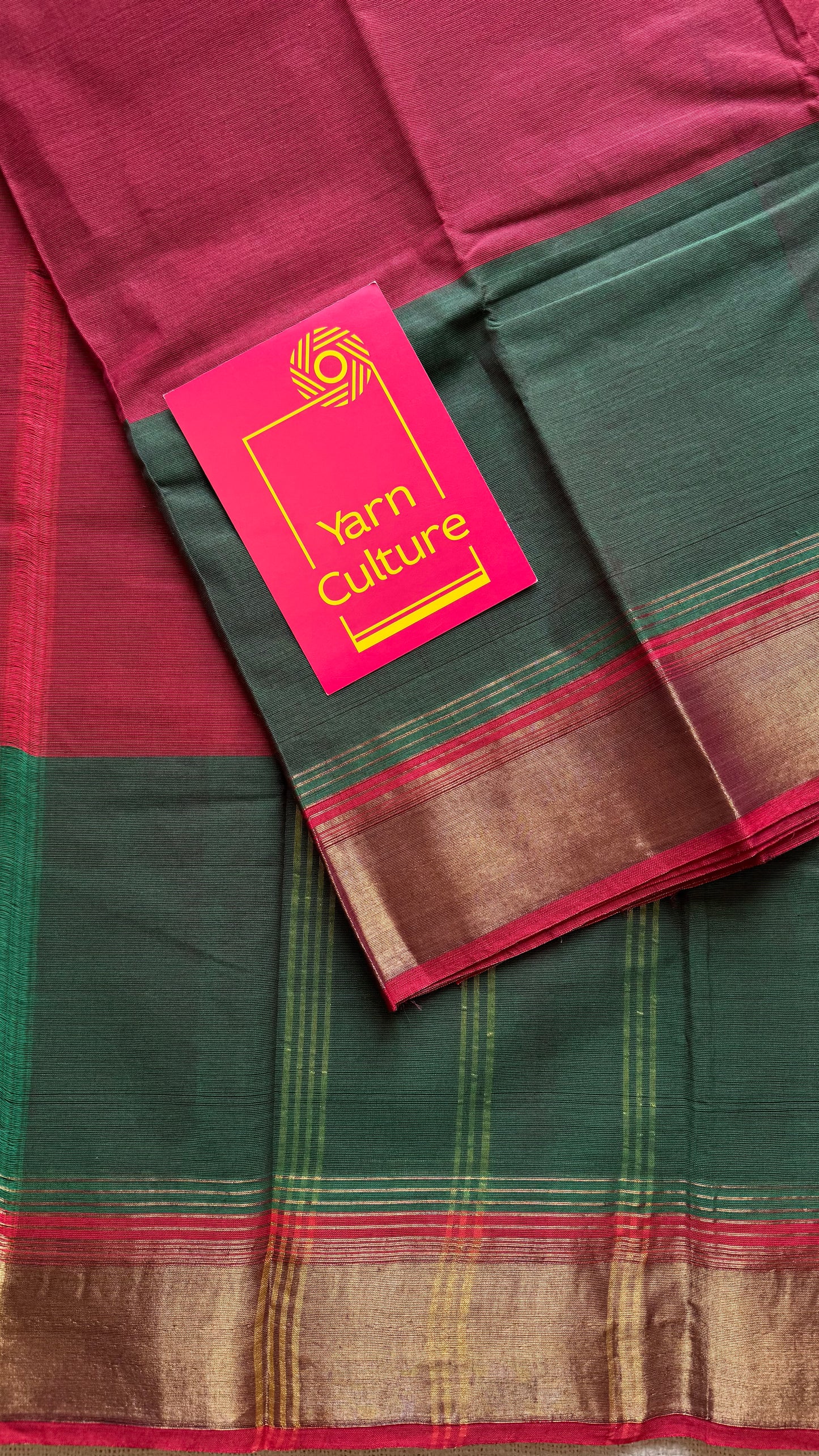 Maroon and green Chettinad cotton saree with antique gold zari border - YCCOTNCCFE152