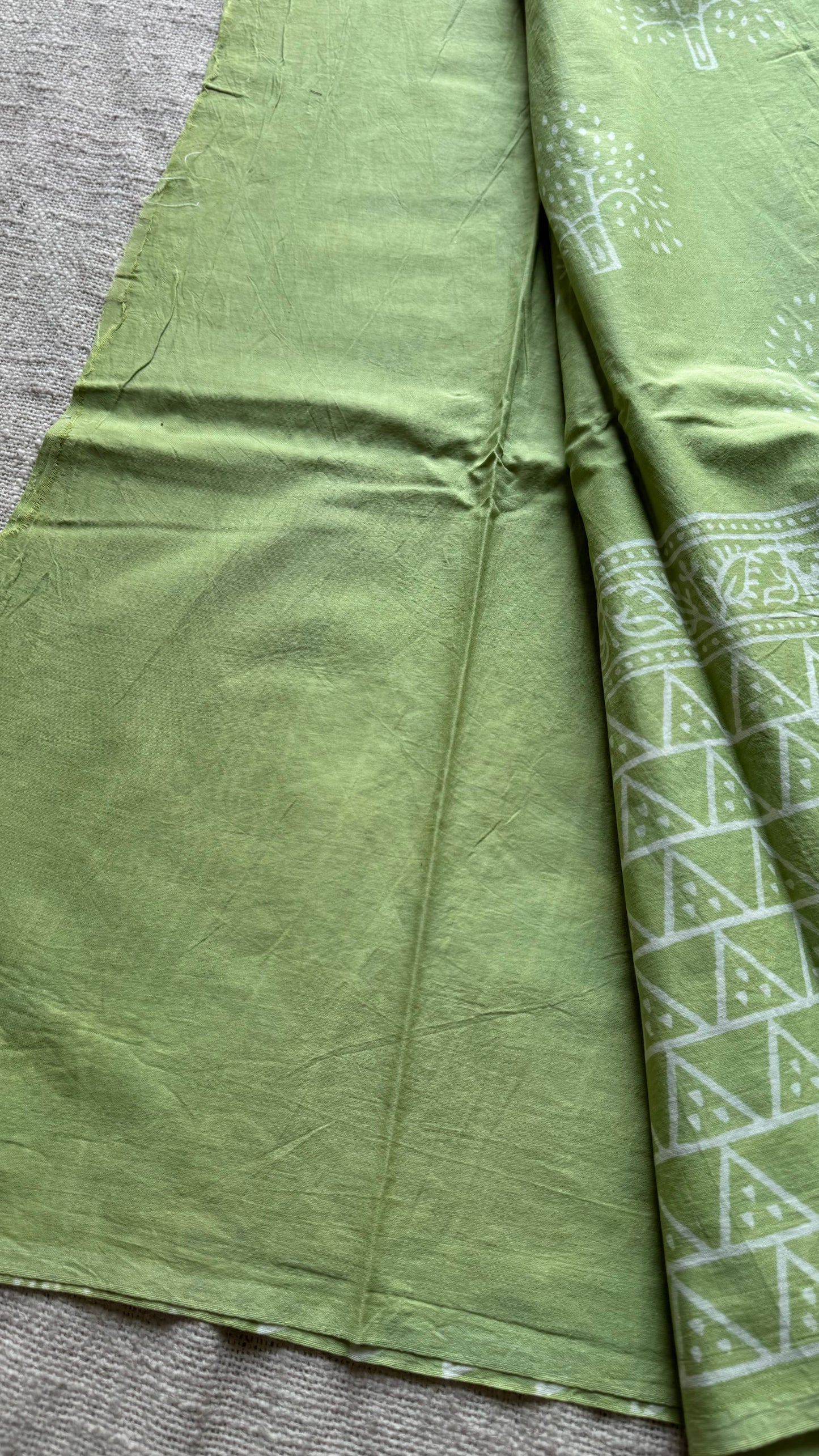 Pista green with off white tree motifs, block printed soft cotton saree - YCTORCMA19