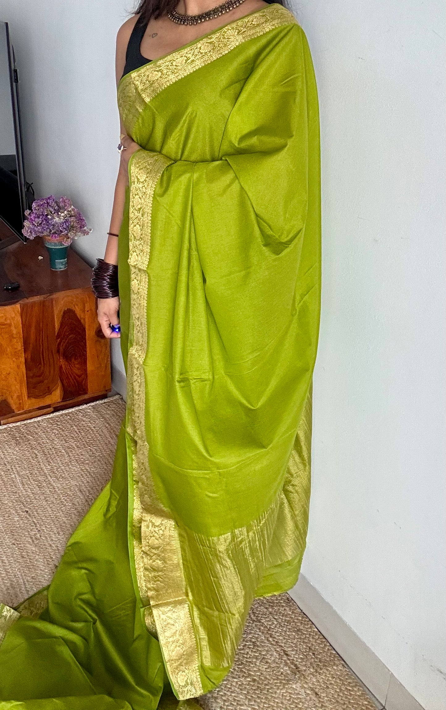 Lime green Mysore semi crepe silk saree - YCLOKFE243