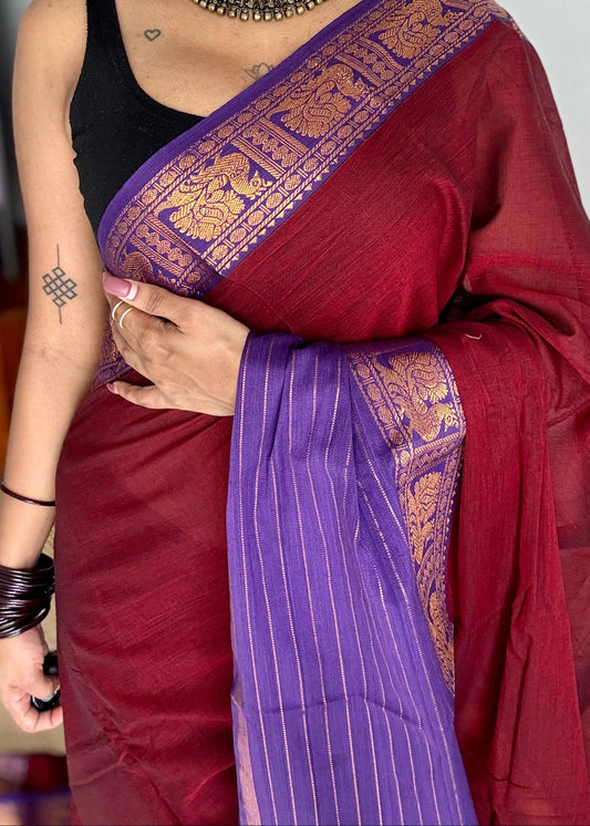 Maroon with violet border, narayanpet soft cotton saree - YCWOTDAUG10