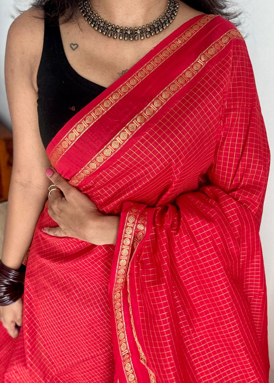 Chilli Red, arani zari checks, cotton silk - YCCOTNJUAR18