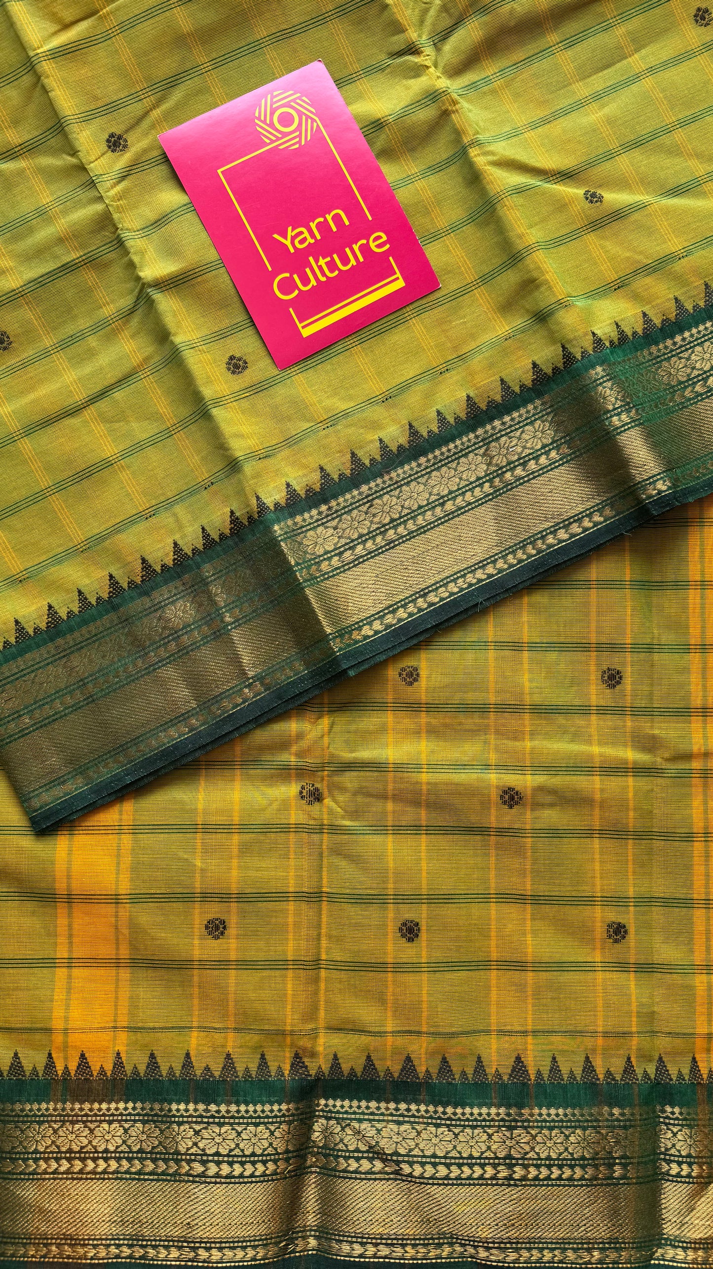 Light green Kanchi cotton saree with striped checks, woven buttas and dark green zari border - YCCOTNCCFE160