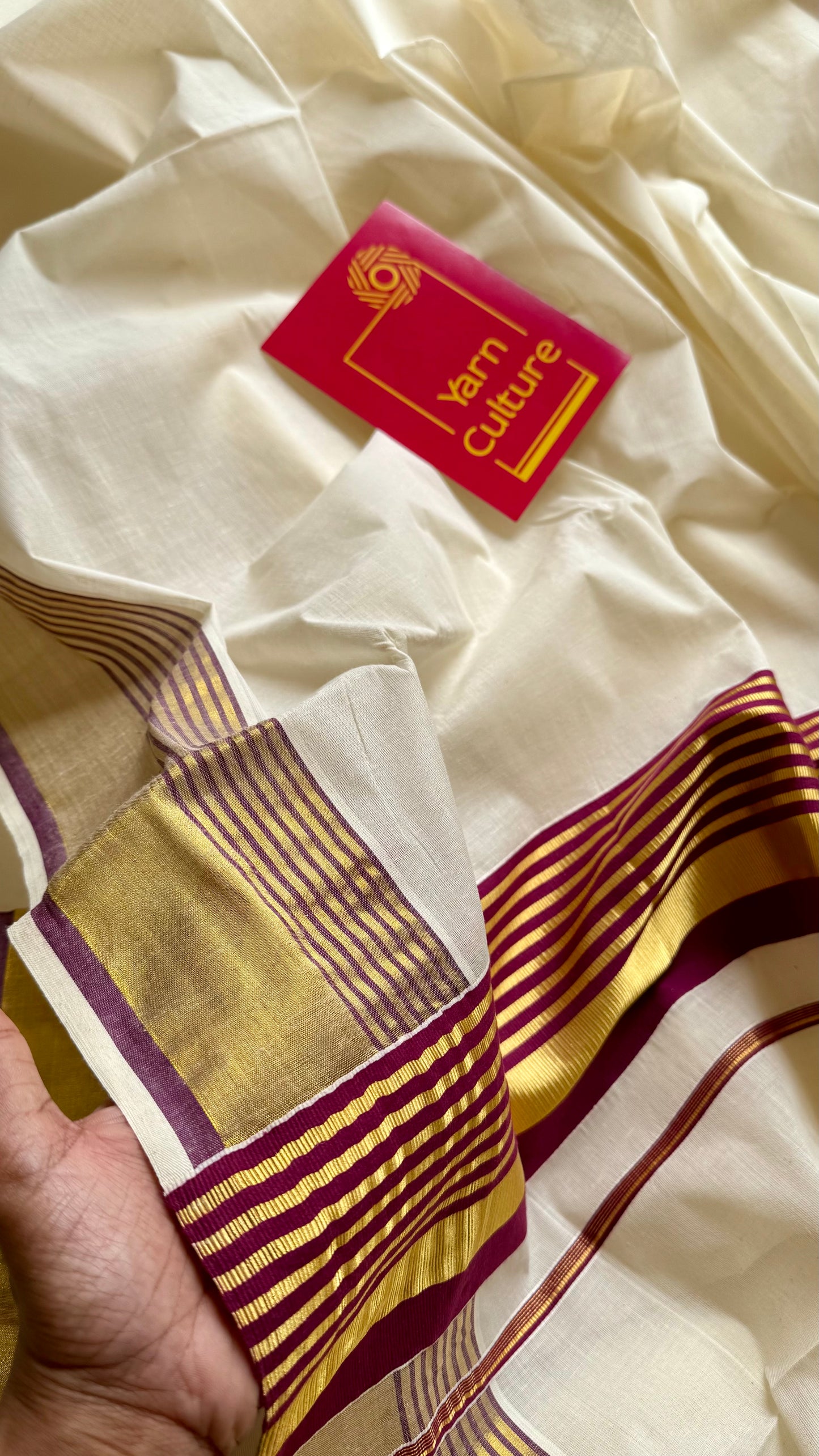 Ivory and gold soft cotton saree, purple border - YCIEON76