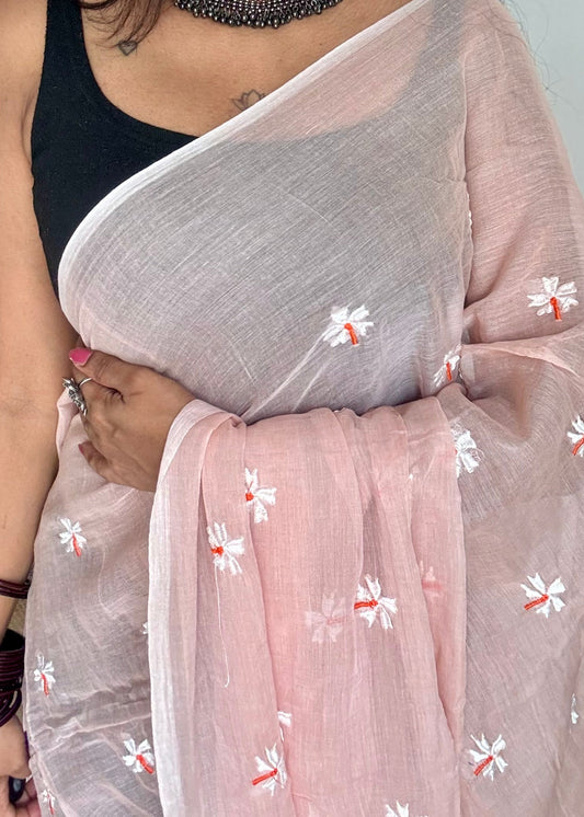 Pastel peach parijat mul cotton saree  - YCBCMCAP31