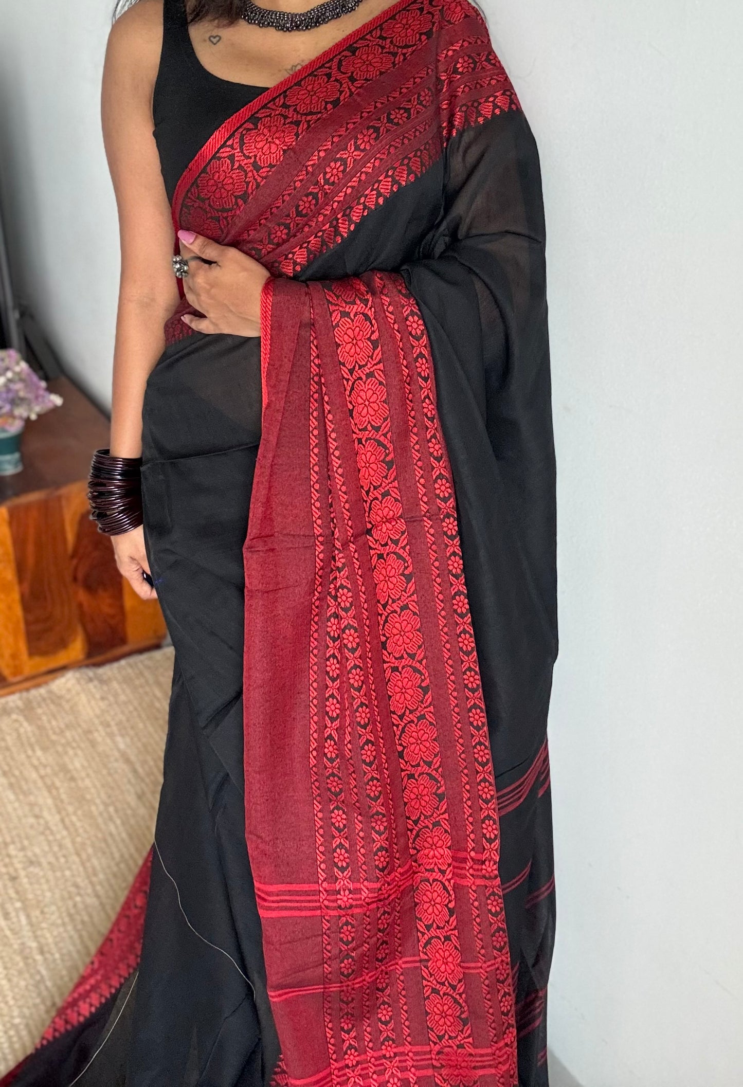 Black with red threadwork, begampuri soft cotton - YCBCBPJA196