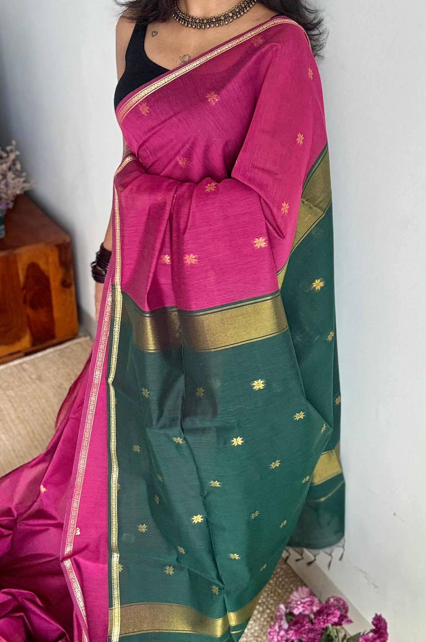 Berry pink with green, gold buttas, semi maheshwari cotton silk - YCCOTNFEJUSM04