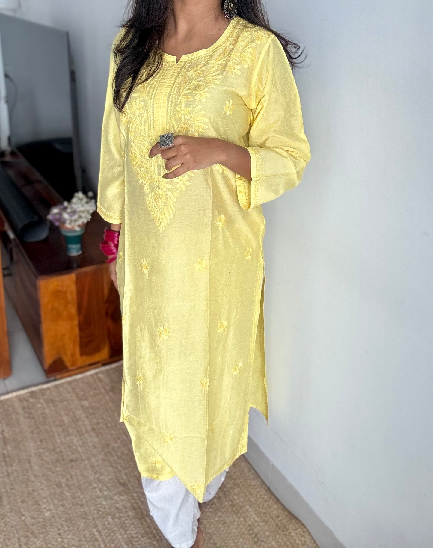 Light yellow chanderi chikankari with ghas patti work, stitched kurta, round neck, three fourth sleeves - YCSECK05