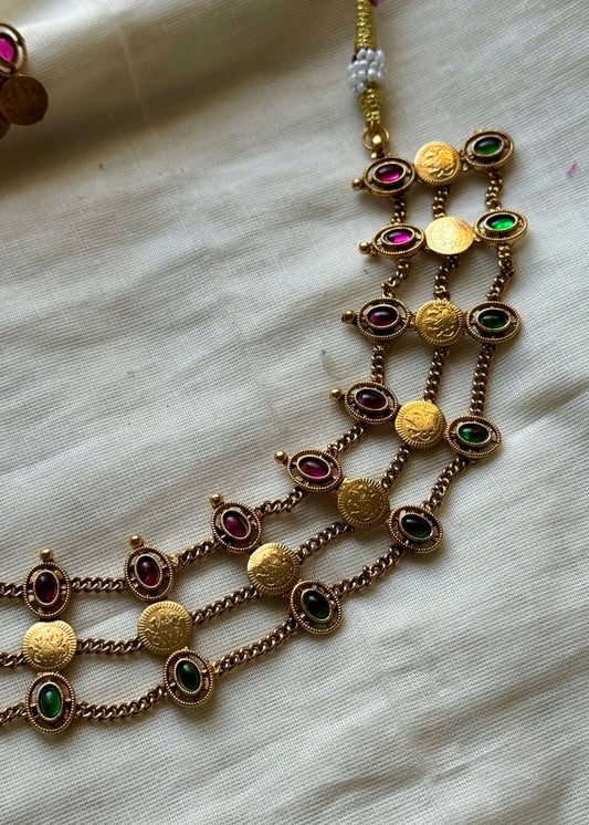 Antique gold three layered coin choker neckpiece, ruby and green stones, with earrings  - YCAGNP259