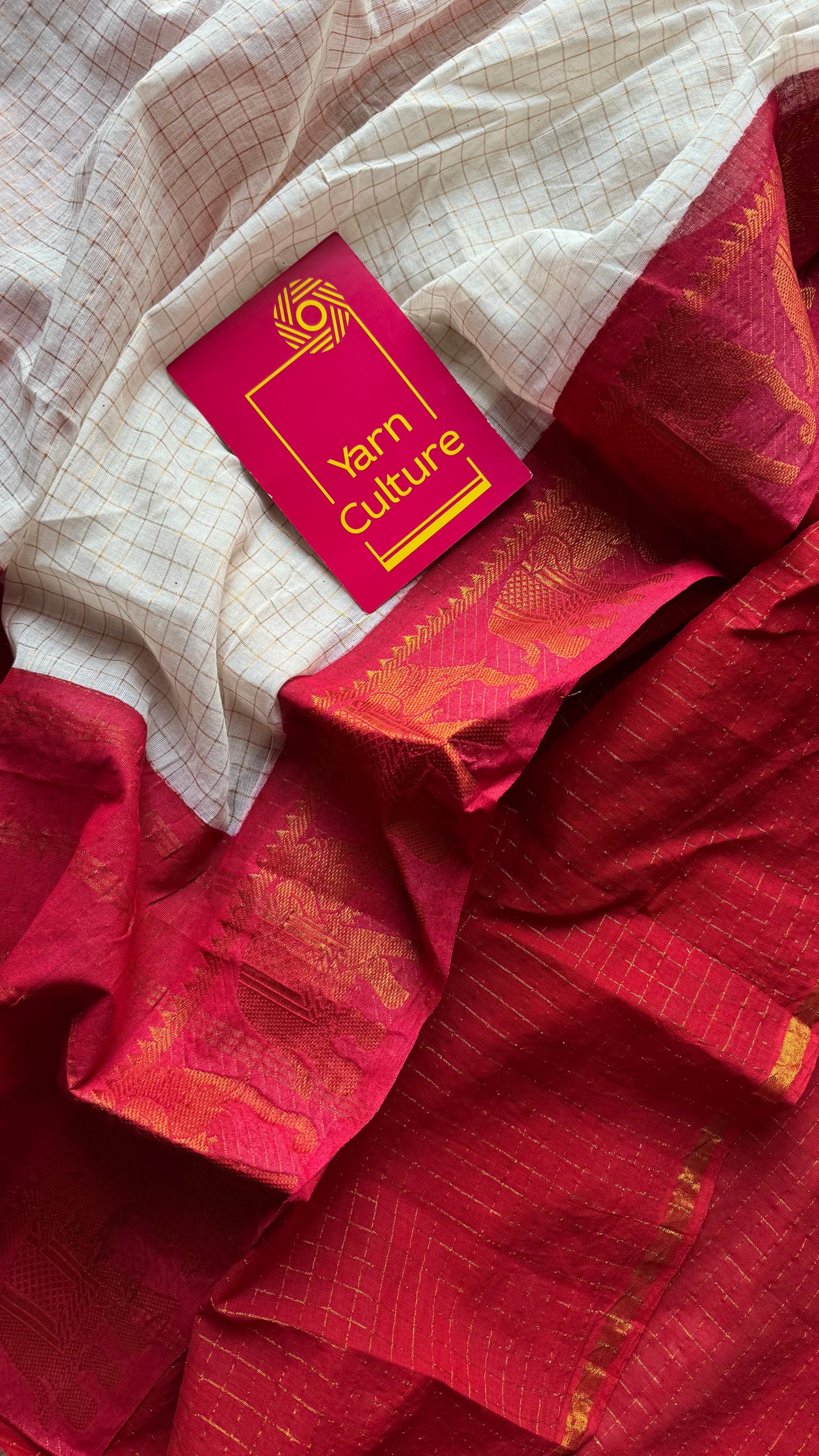 Ivory with red, sungudi cotton half-half saree - YCCOTNMSFE353