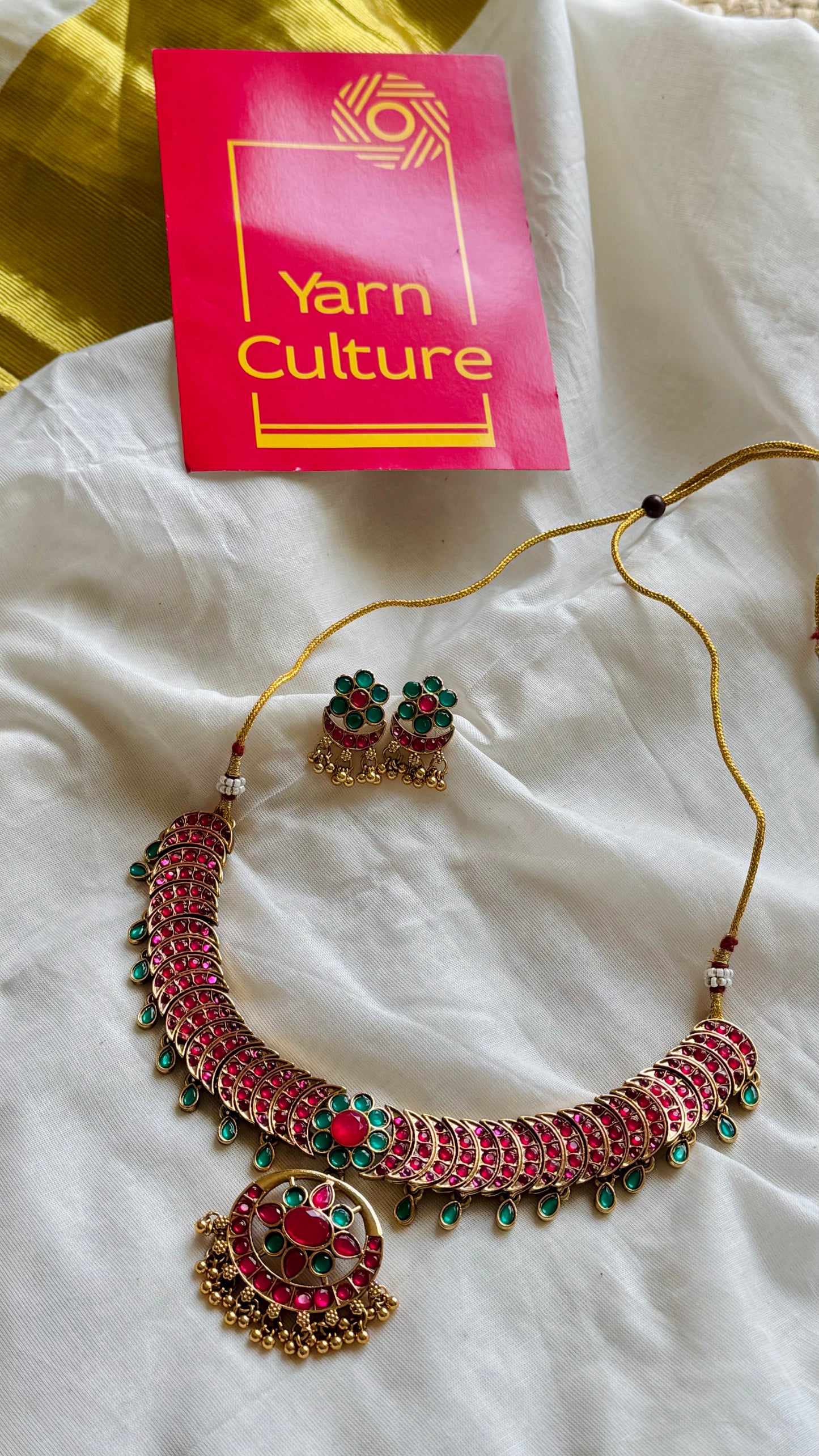 Ruby green stone statement neckpiece with earrings - YCGPNP747
