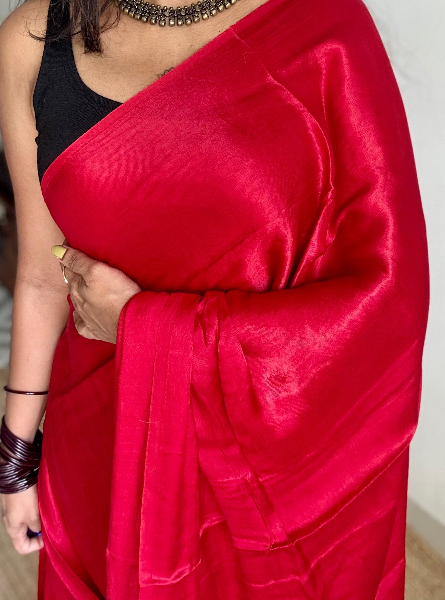 Plain red pure modal silk saree with gold zari pallu - YCTOKBM336