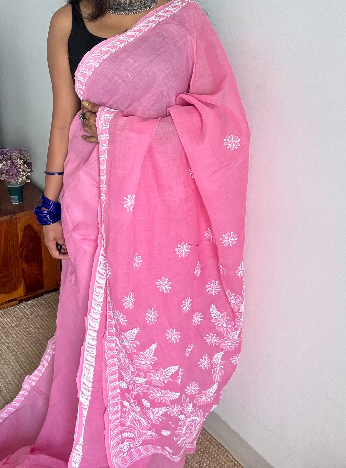 Zehra - persian pink hand-embroidered chikankari cotton saree - YCLCKFE421